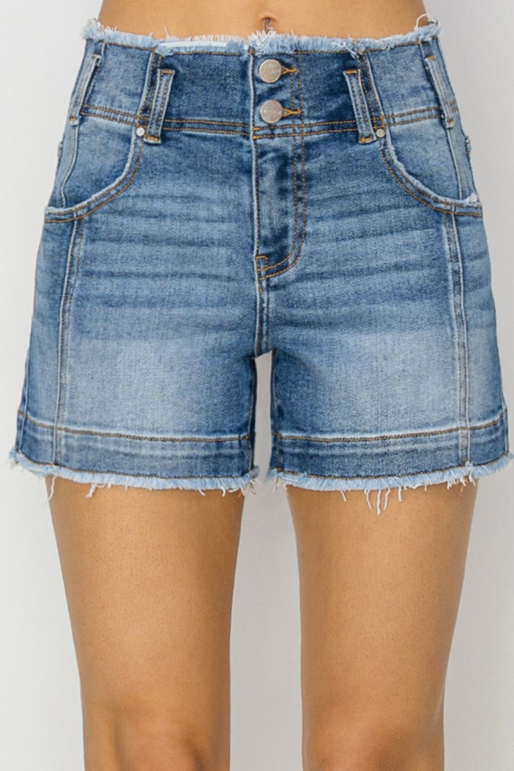 High Rise Raw Edge Denim Shorts - Olive Ave