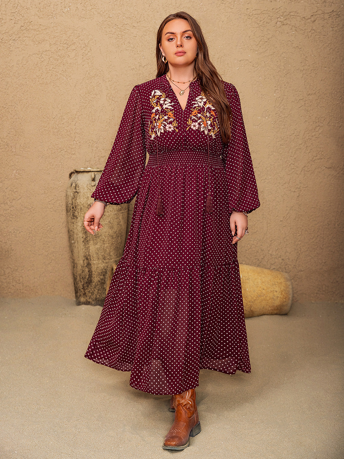 Plus Size Embroidered Polka Dot Midi Dress