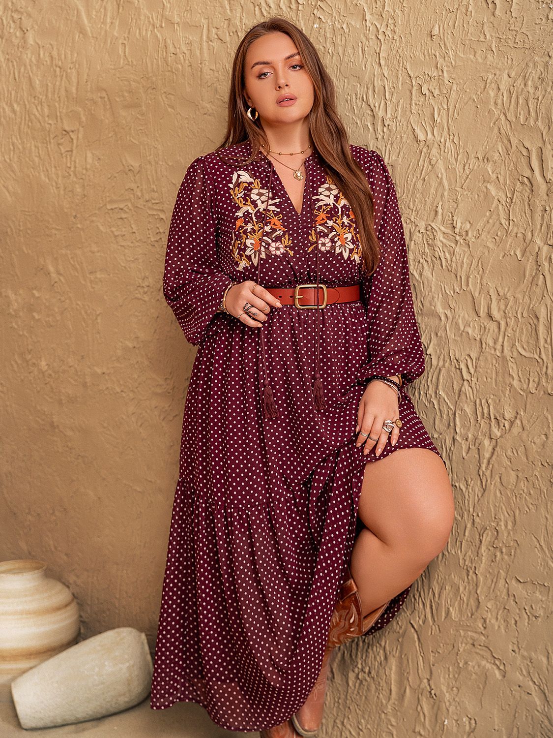 Plus Size Embroidered Polka Dot Midi Dress