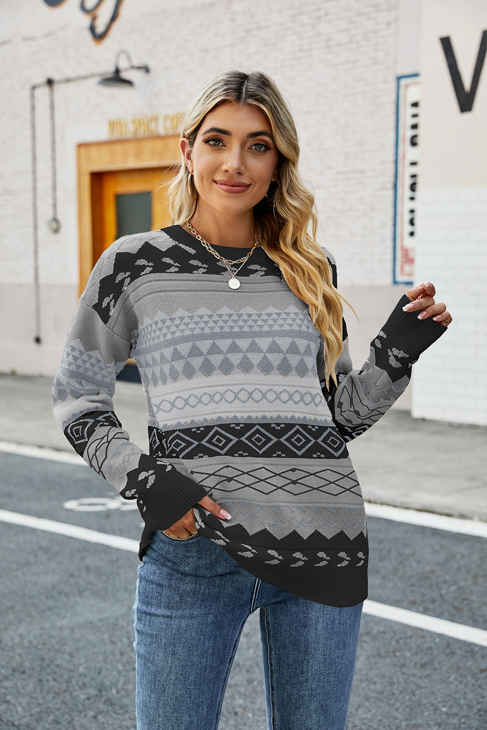 Geometric Drop Shoulder Sweater in 3 Colors