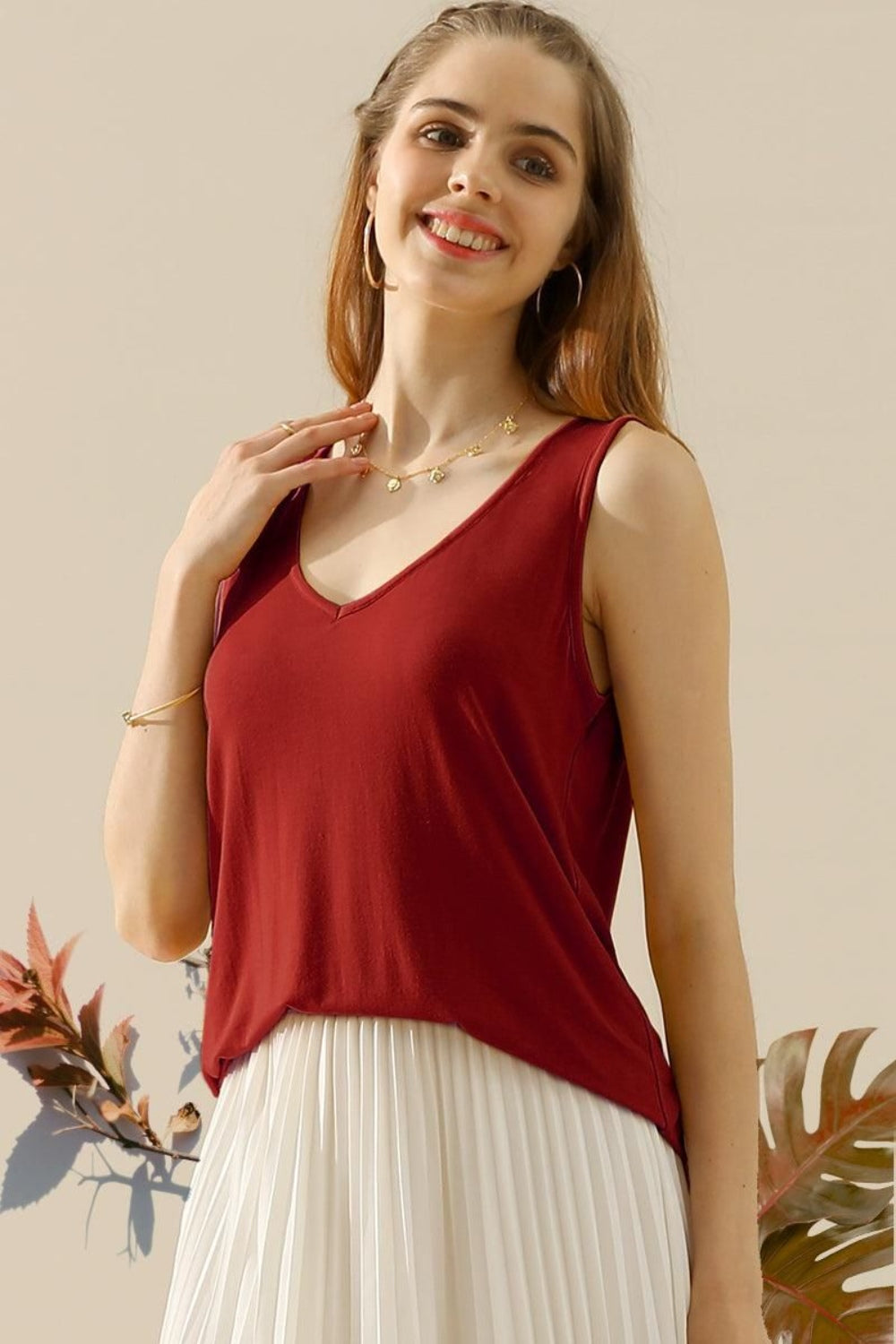 V-Neck Curved Hem Tank in 10 Colors