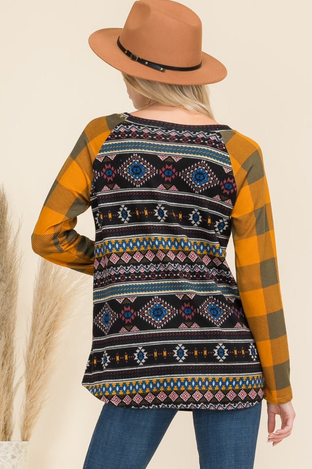 Full Size Geometric Plaid Long Sleeve T-Shirt