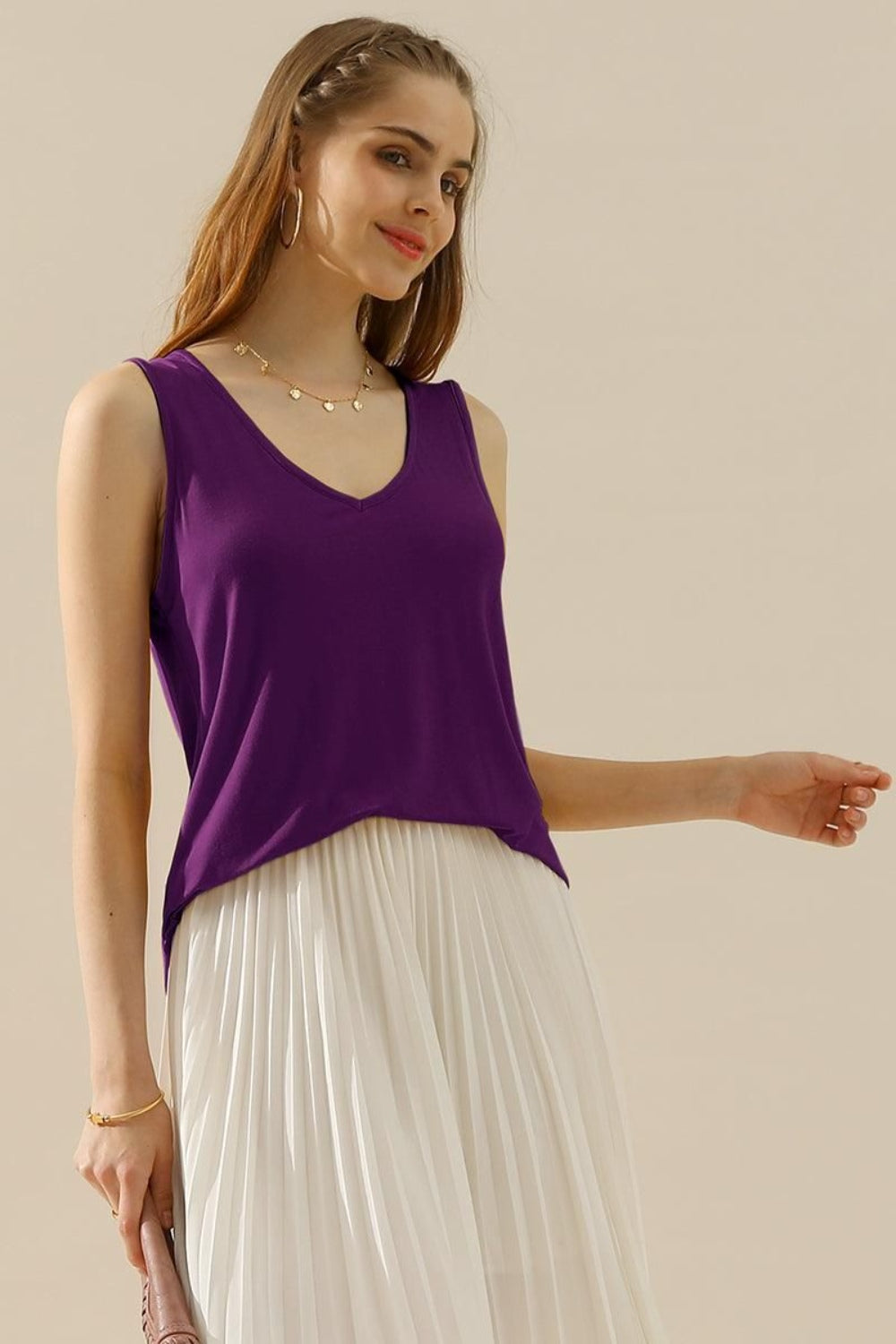 V-Neck Curved Hem Tank in 10 Colors