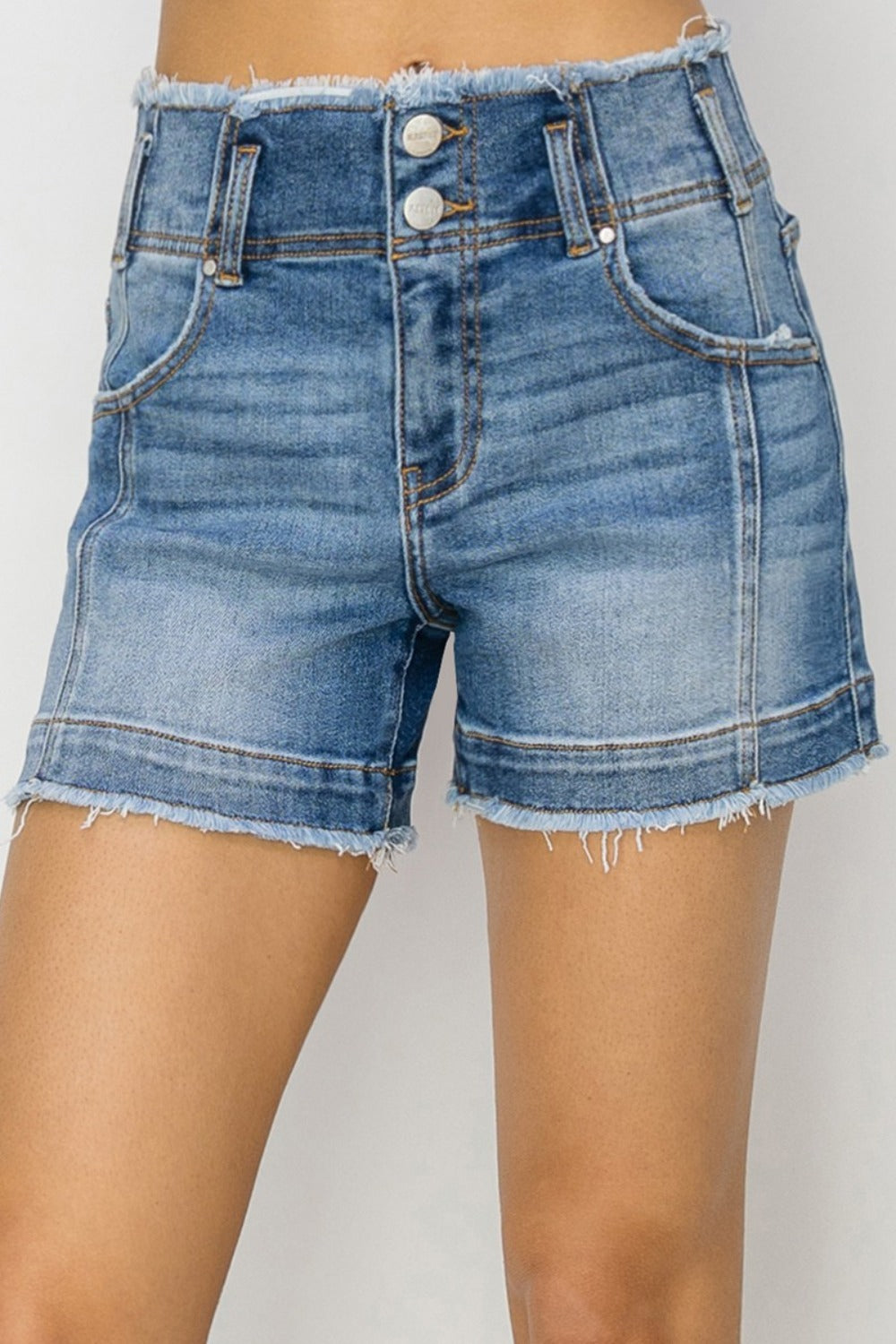 High Rise Raw Edge Denim Shorts - Olive Ave
