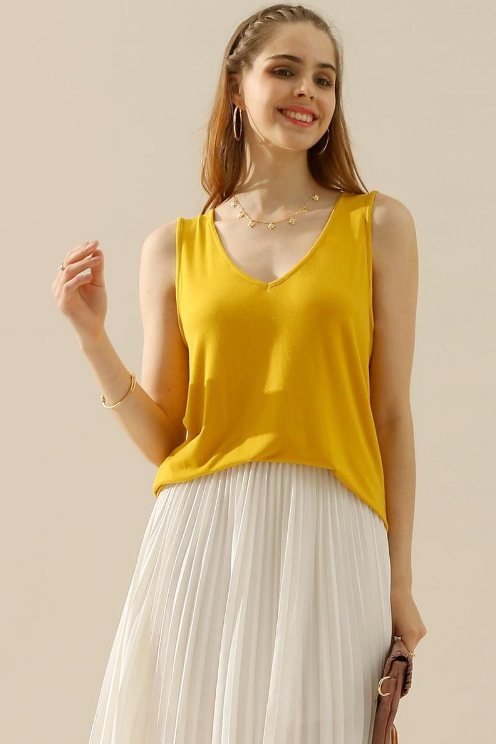 V-Neck Curved Hem Tank in 10 Colors
