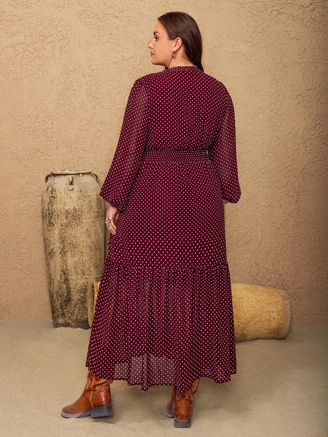 Plus Size Embroidered Polka Dot Midi Dress