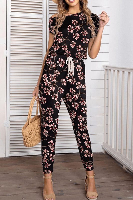 Asymmetrical Neck Short Sleeve Jumpsuit - Olive Ave