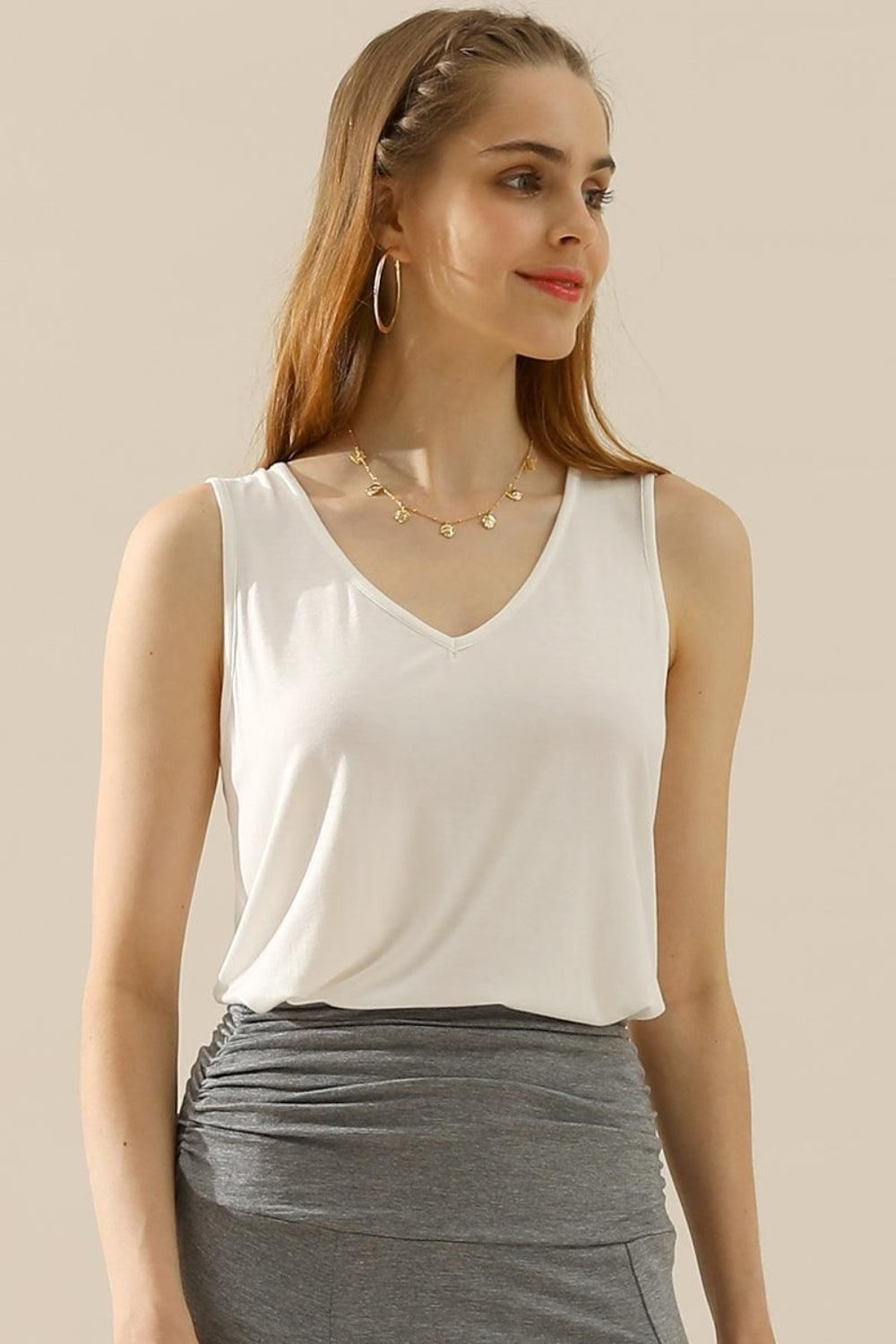 V-Neck Curved Hem Tank in 10 Colors