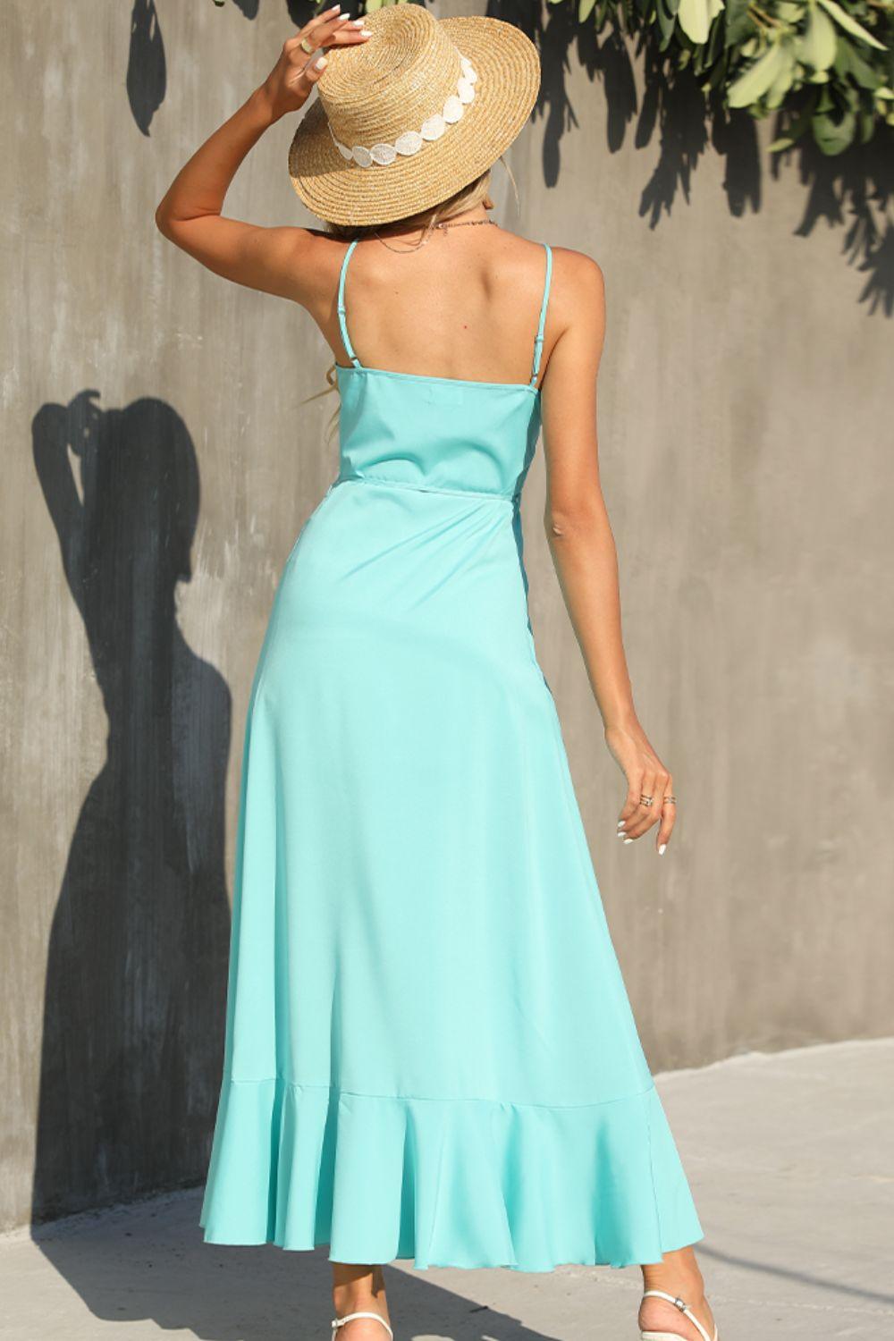 Buttoned Spaghetti Strap Ruffle Dress - Olive Ave