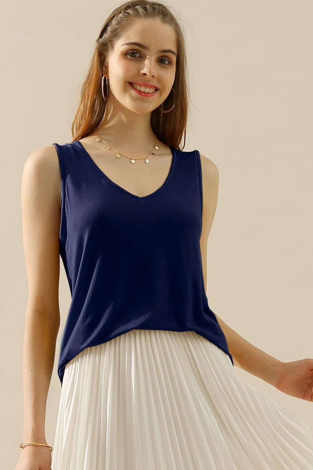 V-Neck Curved Hem Tank in 10 Colors