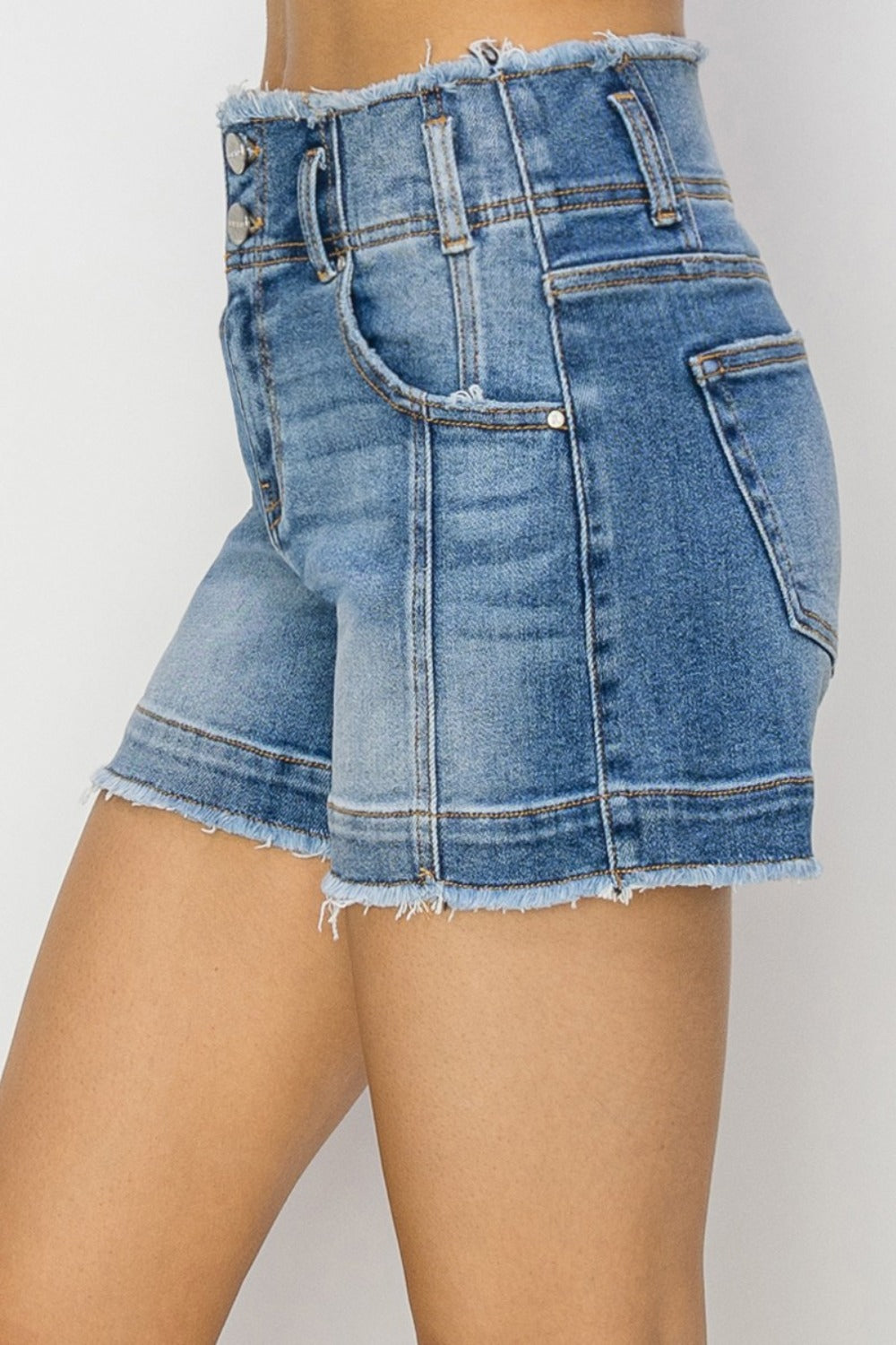 High Rise Raw Edge Denim Shorts - Olive Ave