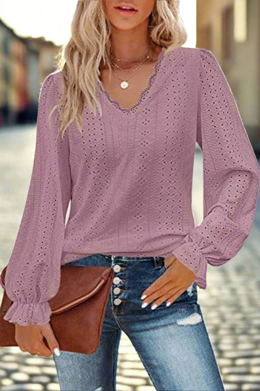 Eyelet V-Neck Blouse - Olive Ave