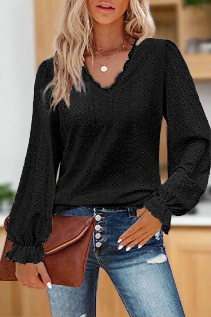 Eyelet V-Neck Blouse - Olive Ave