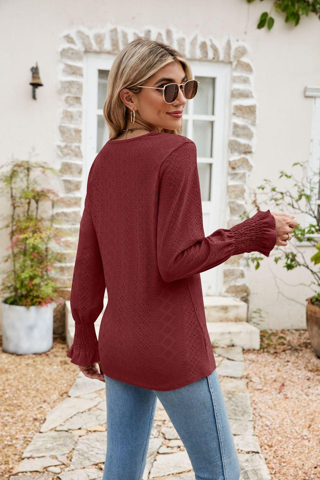 Eyelet V-Neck Smocked Blouse - Olive Ave