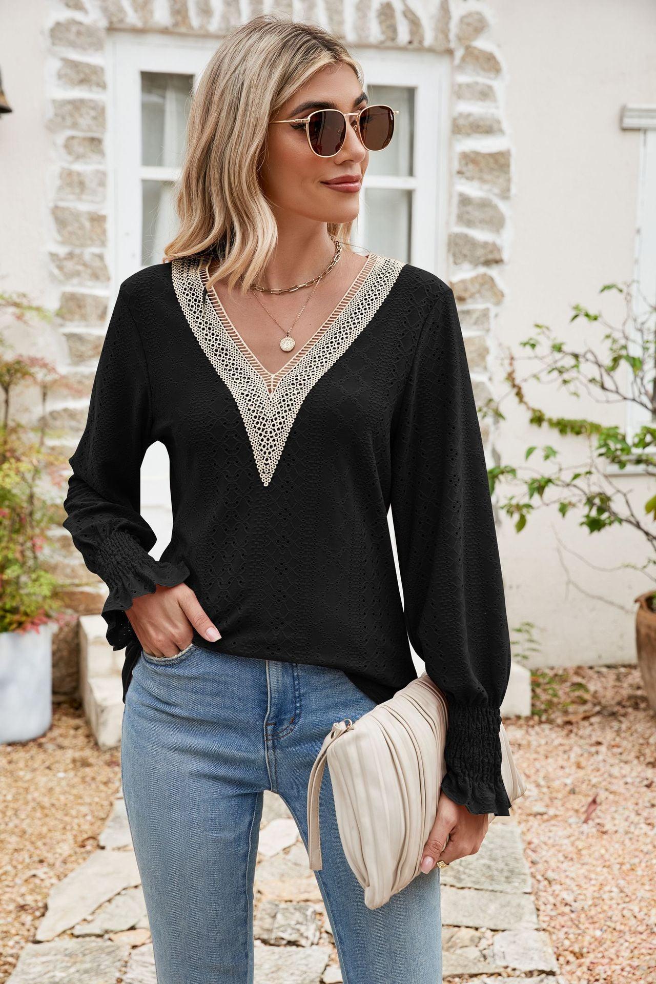 Eyelet V-Neck Smocked Blouse - Olive Ave