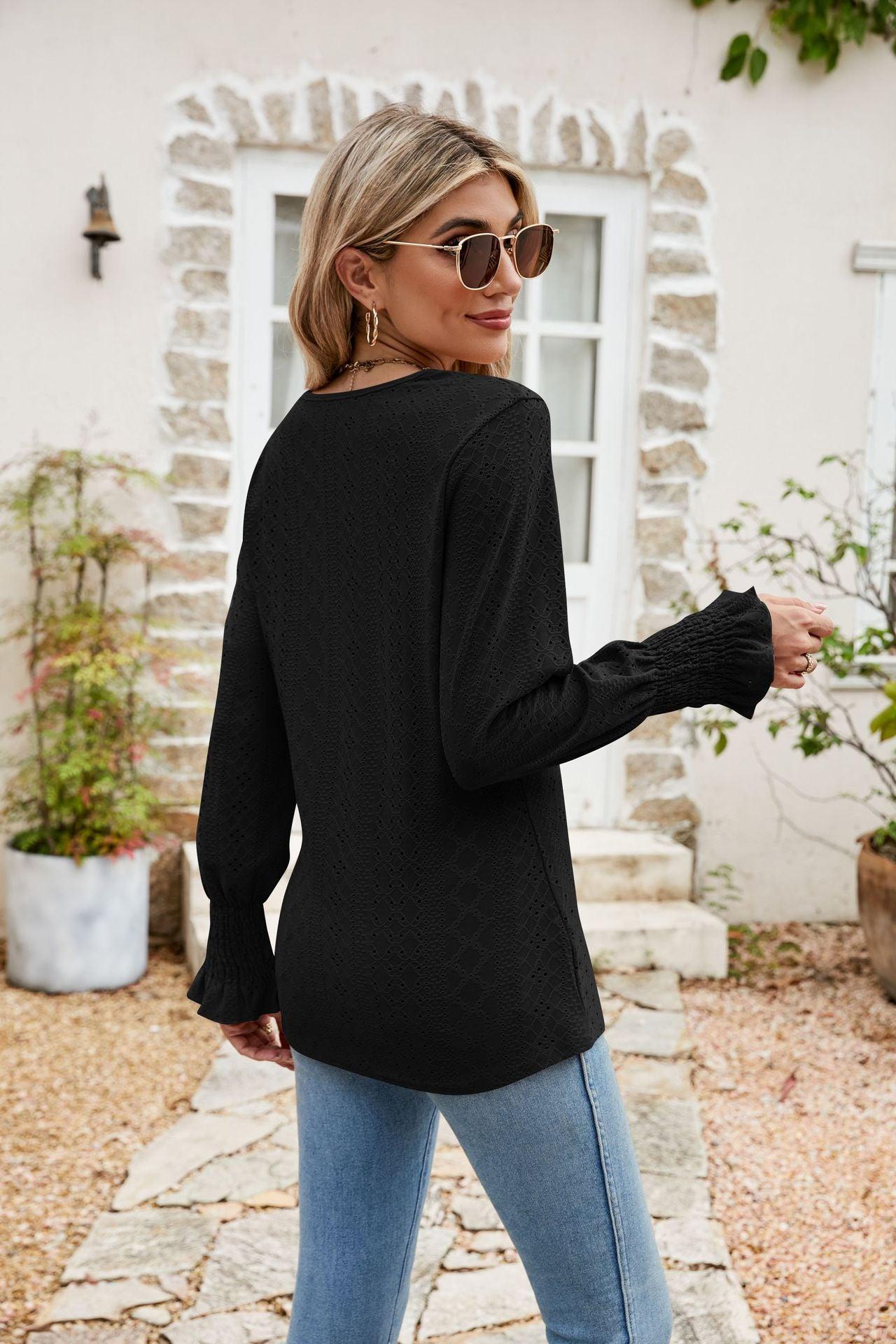 Eyelet V-Neck Smocked Blouse - Olive Ave