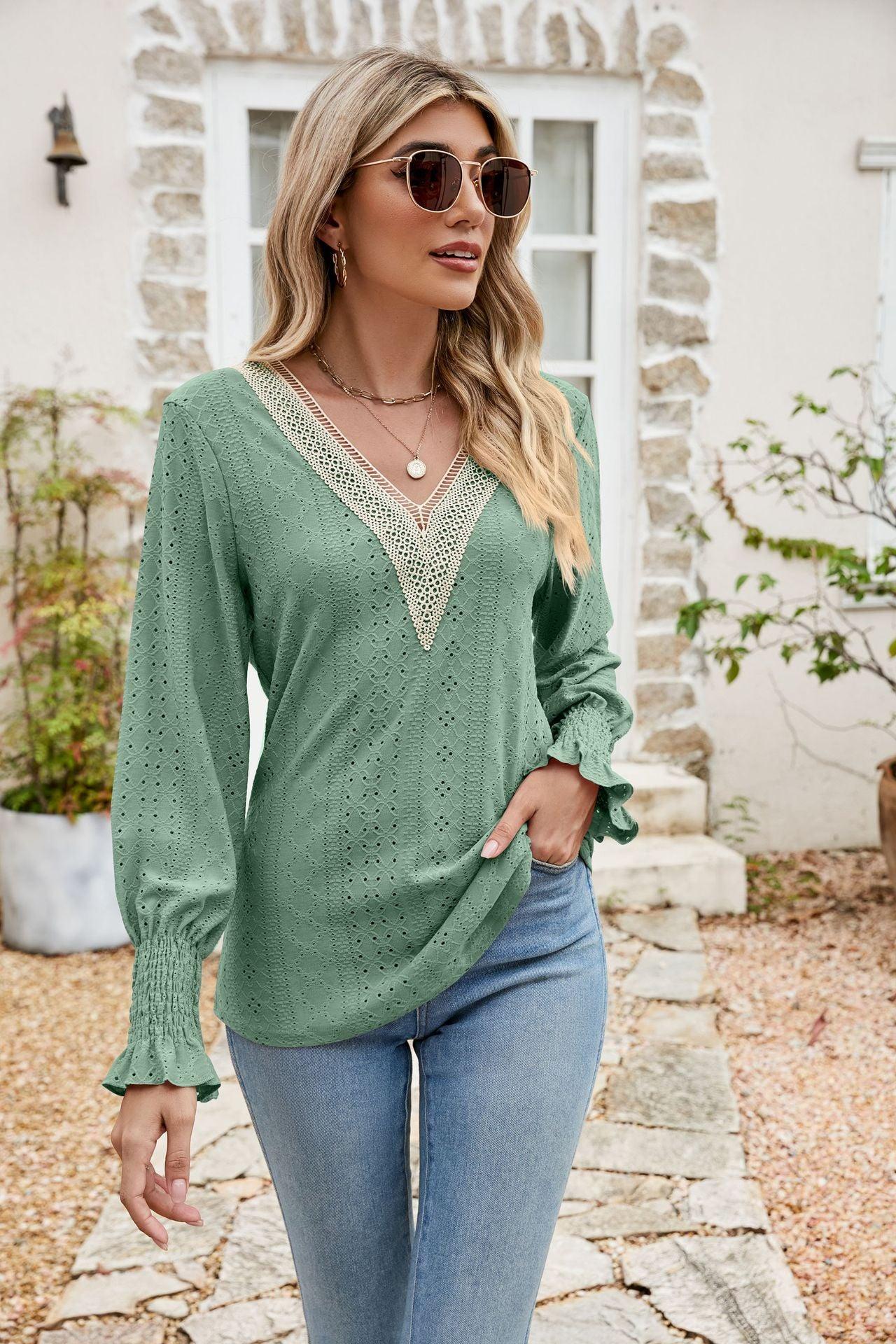 Eyelet V-Neck Smocked Blouse - Olive Ave