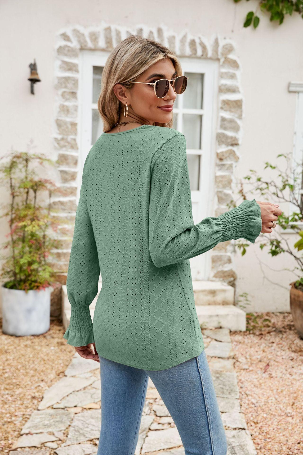 Eyelet V-Neck Smocked Blouse - Olive Ave