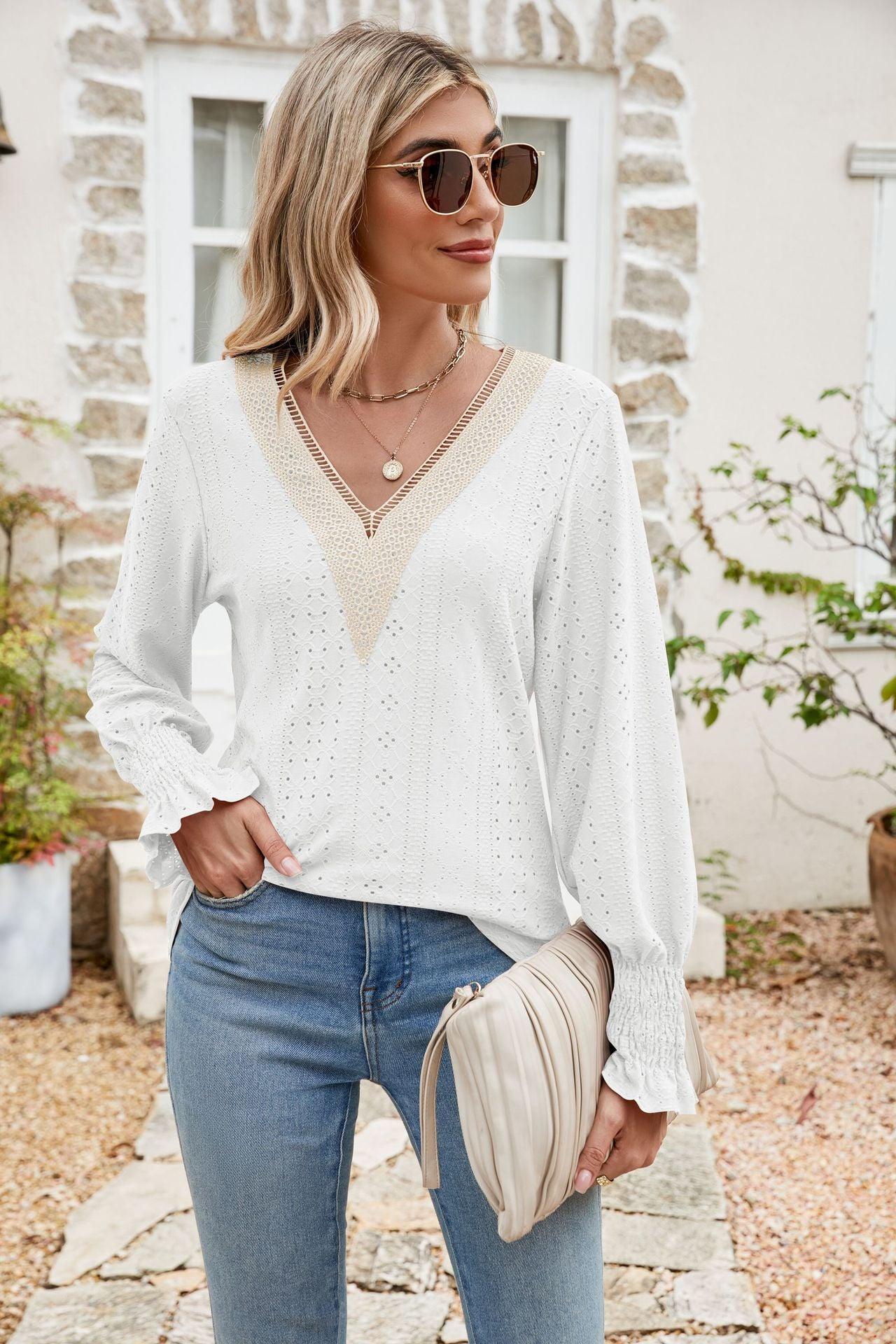 Eyelet V-Neck Smocked Blouse - Olive Ave