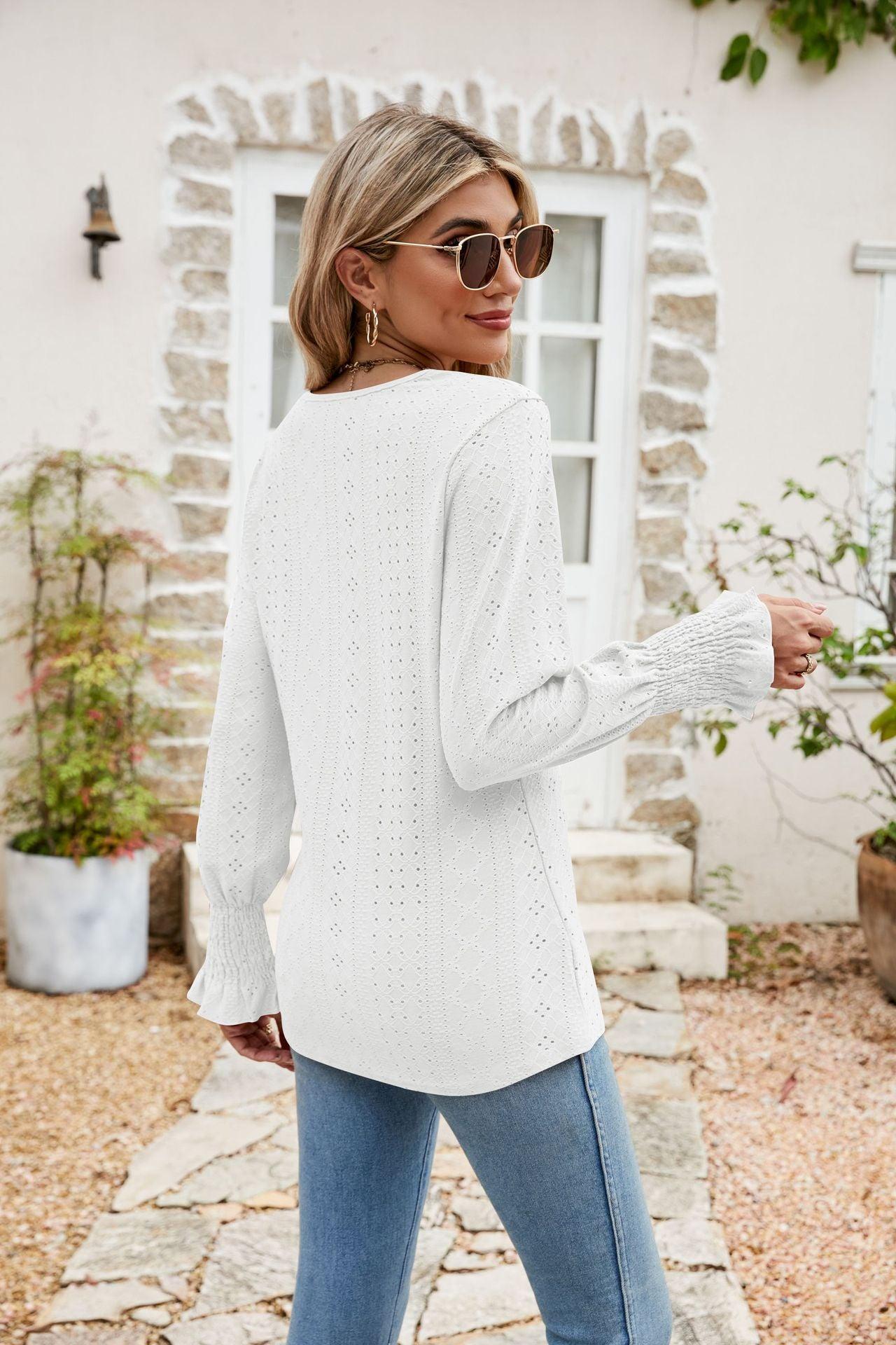Eyelet V-Neck Smocked Blouse - Olive Ave