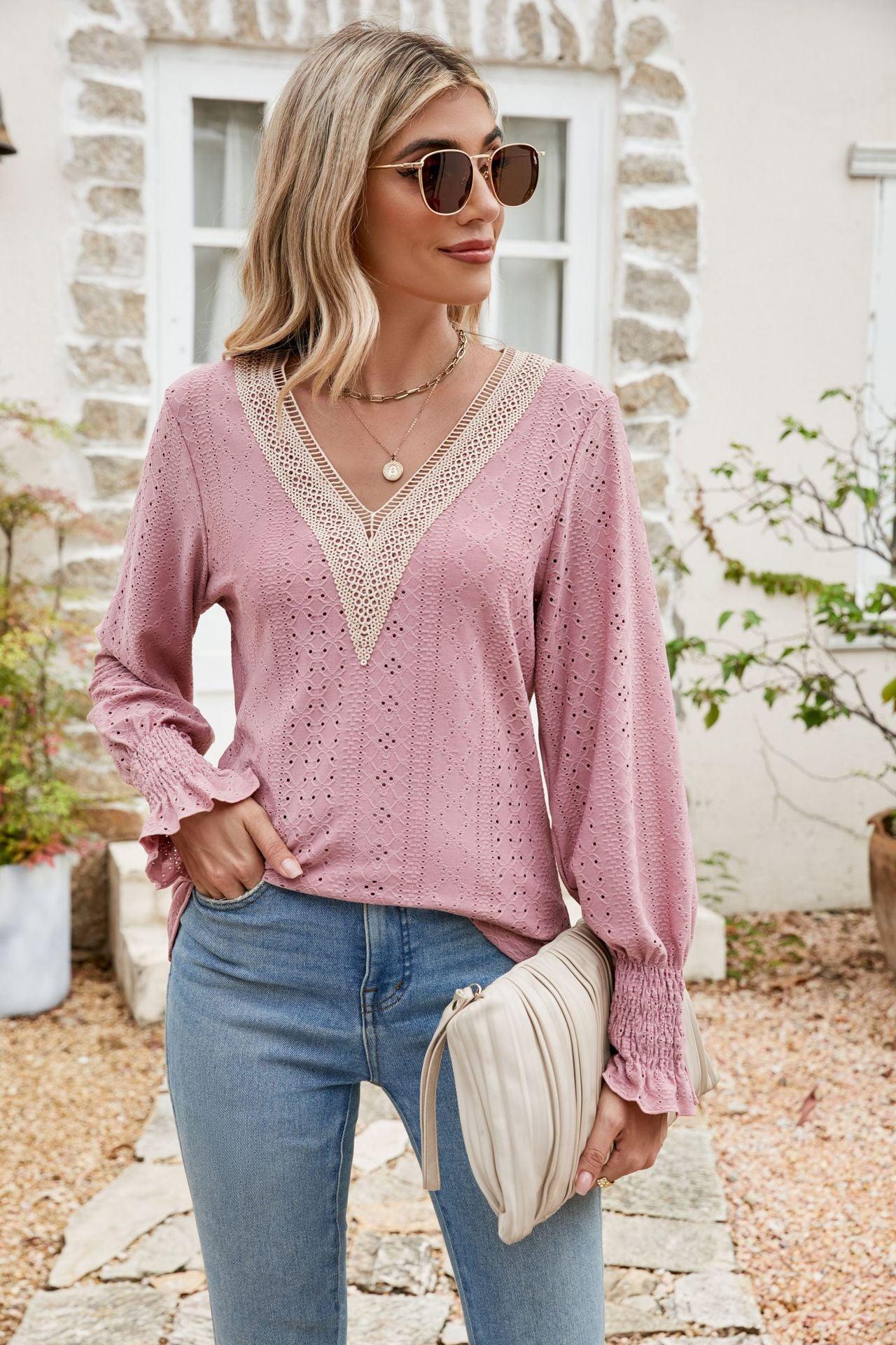 Eyelet V-Neck Smocked Blouse - Olive Ave