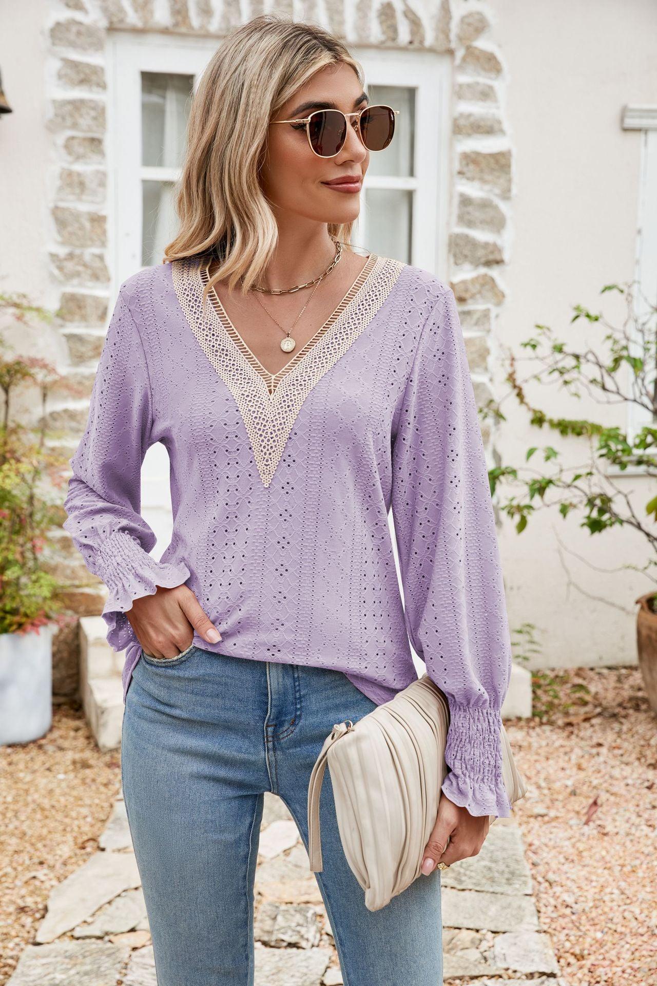 Eyelet V-Neck Smocked Blouse - Olive Ave