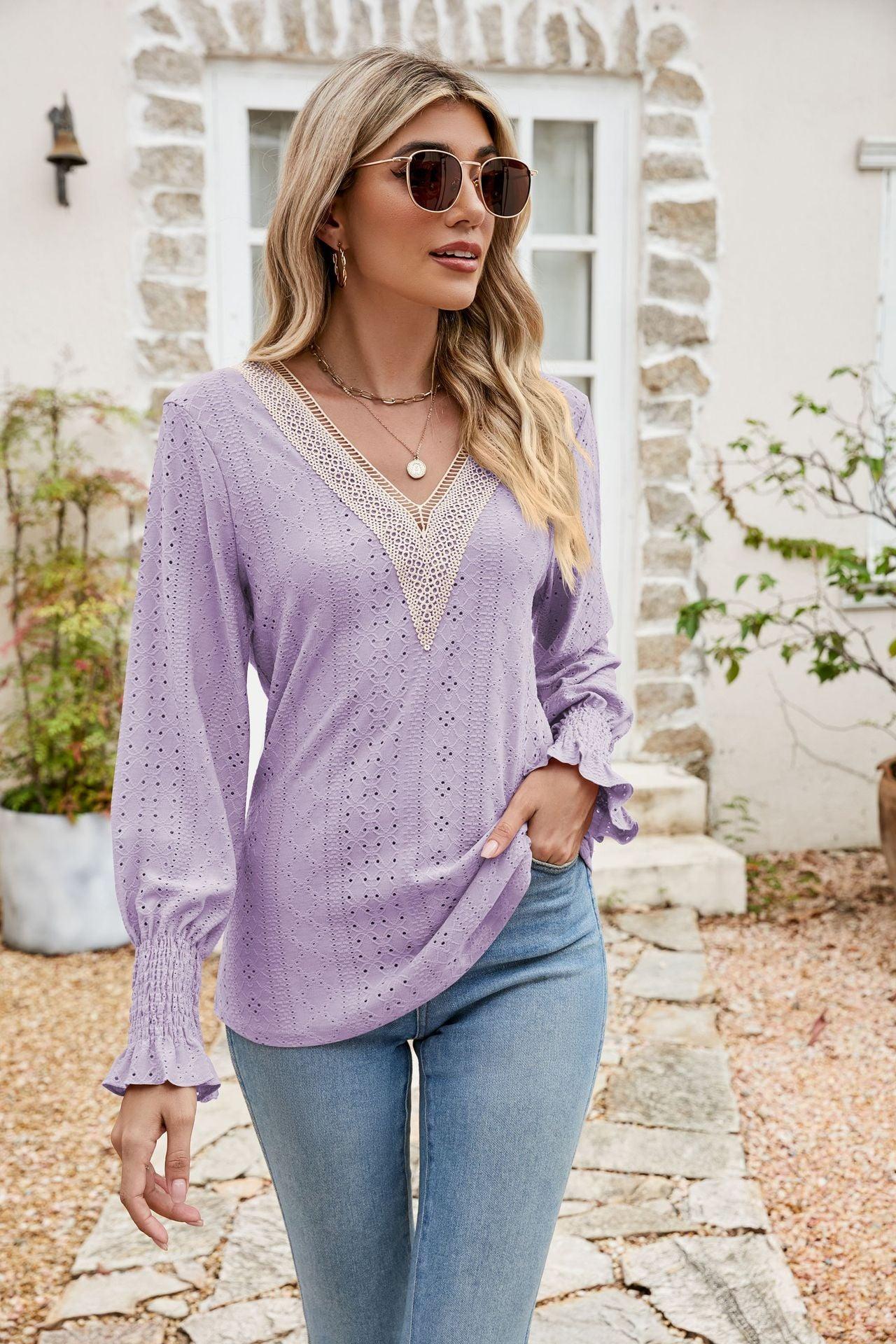 Eyelet V-Neck Smocked Blouse - Olive Ave