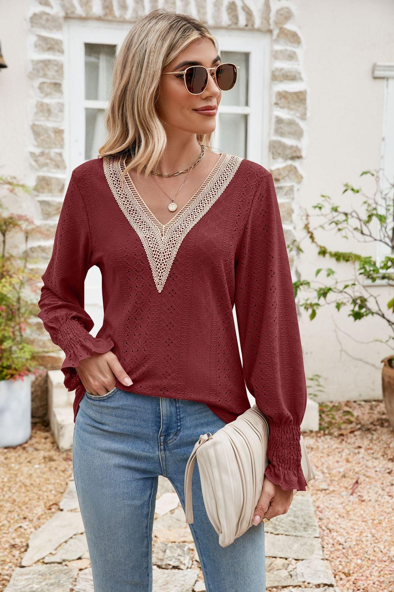 Eyelet V-Neck Smocked Blouse - Olive Ave