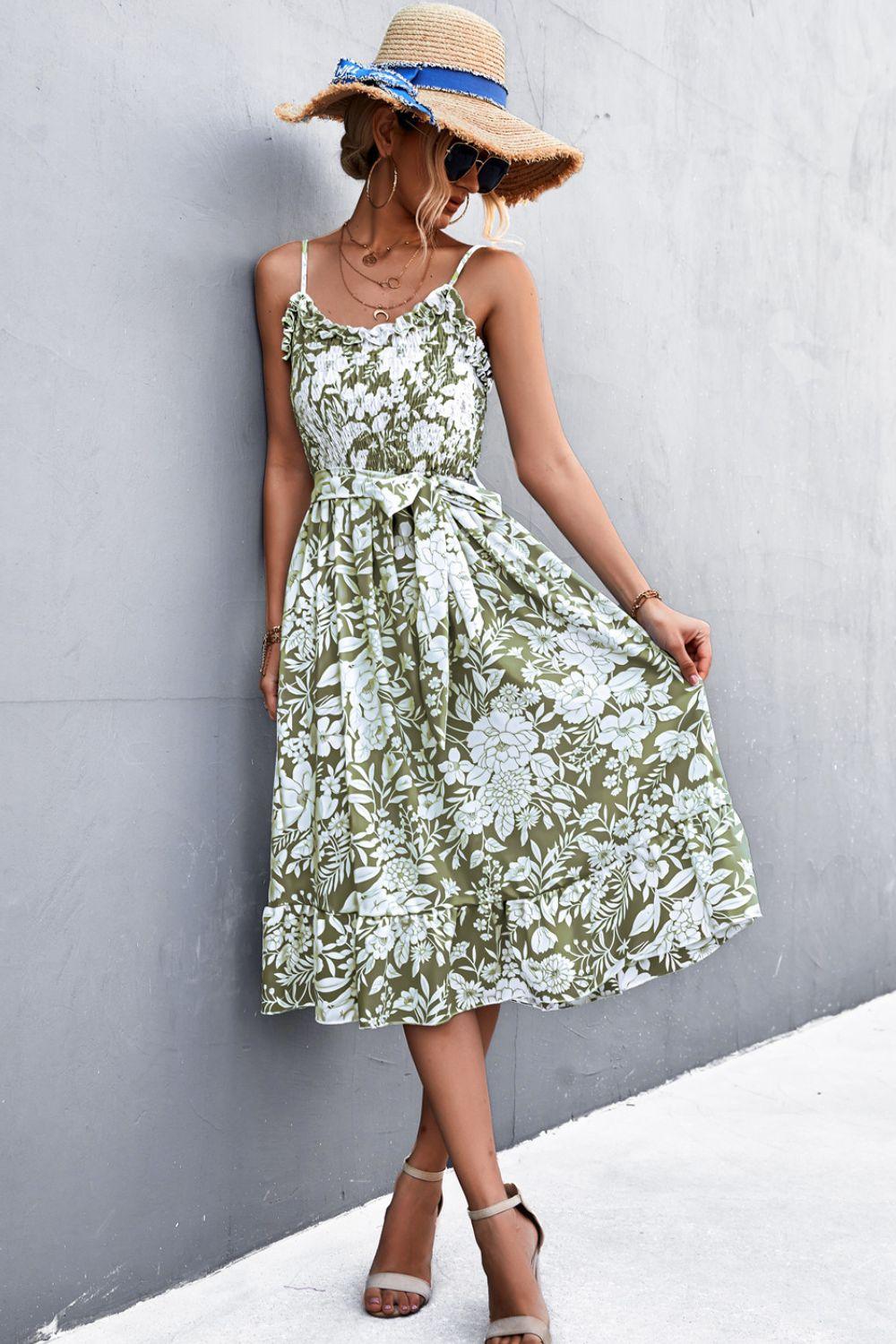 Floral Frill Trim Spaghetti Strap Dress in 3 Colors - Olive Ave