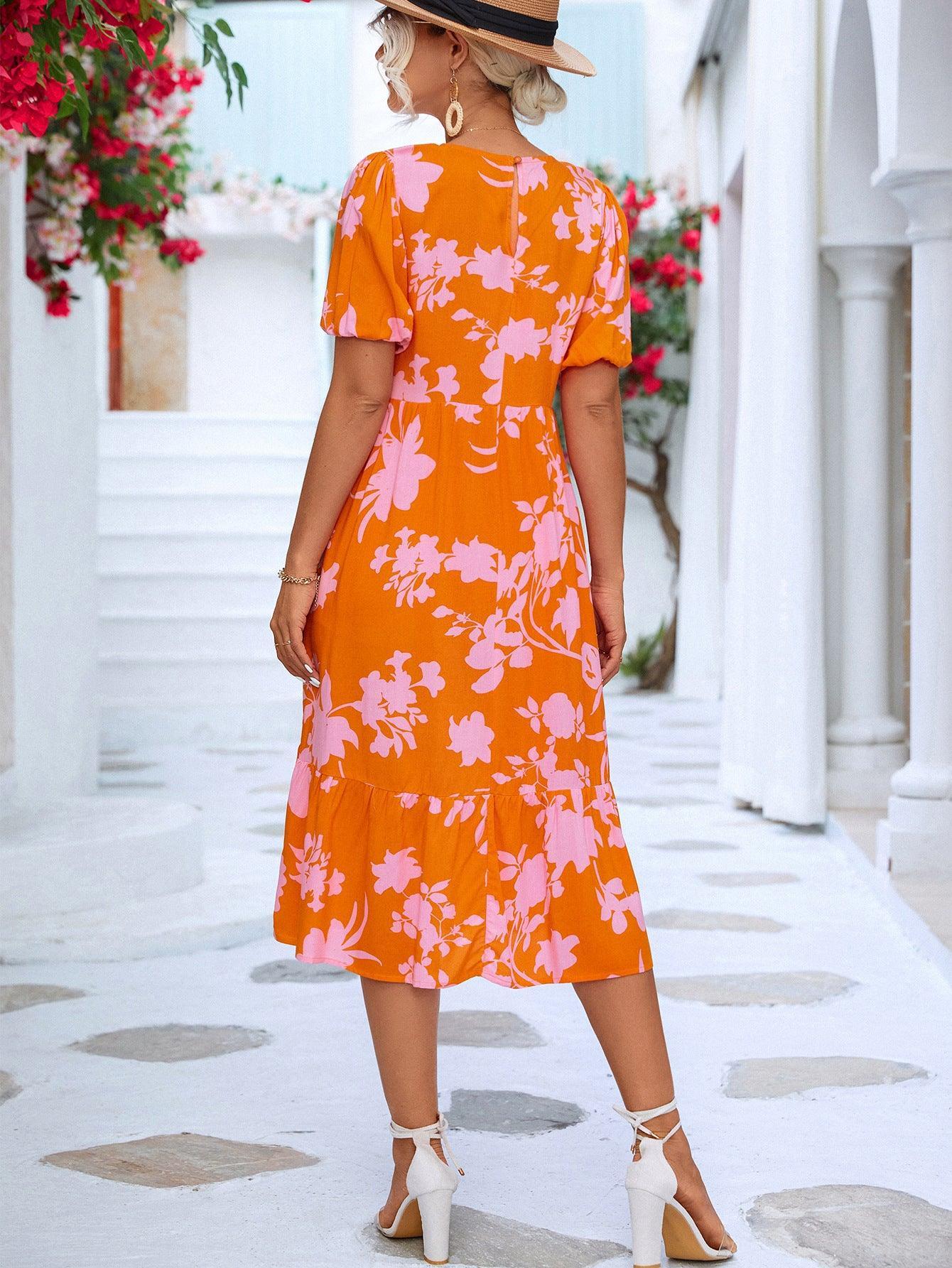 Floral Puff Sleeve Midi Dress - Olive Ave