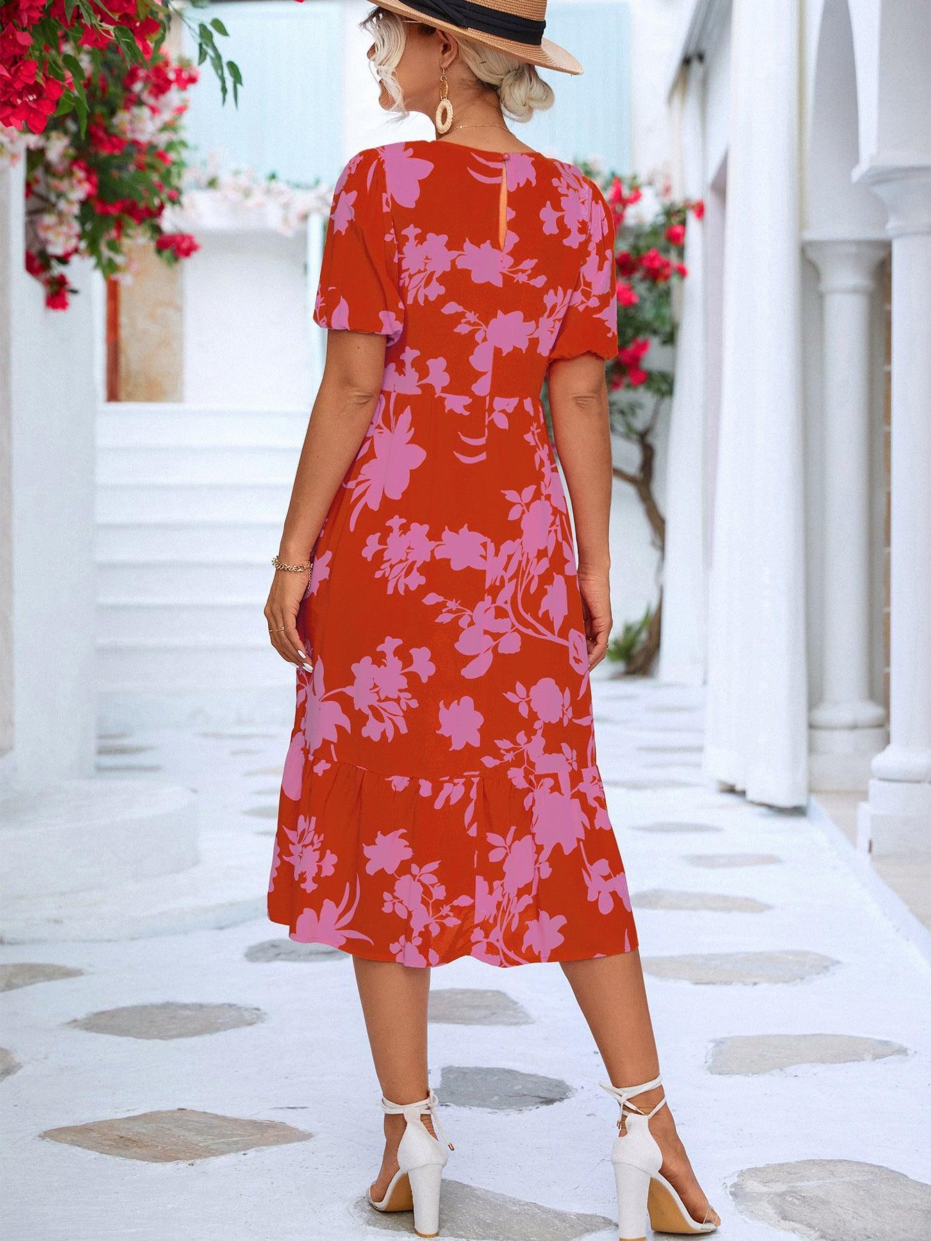 Floral Puff Sleeve Midi Dress - Olive Ave