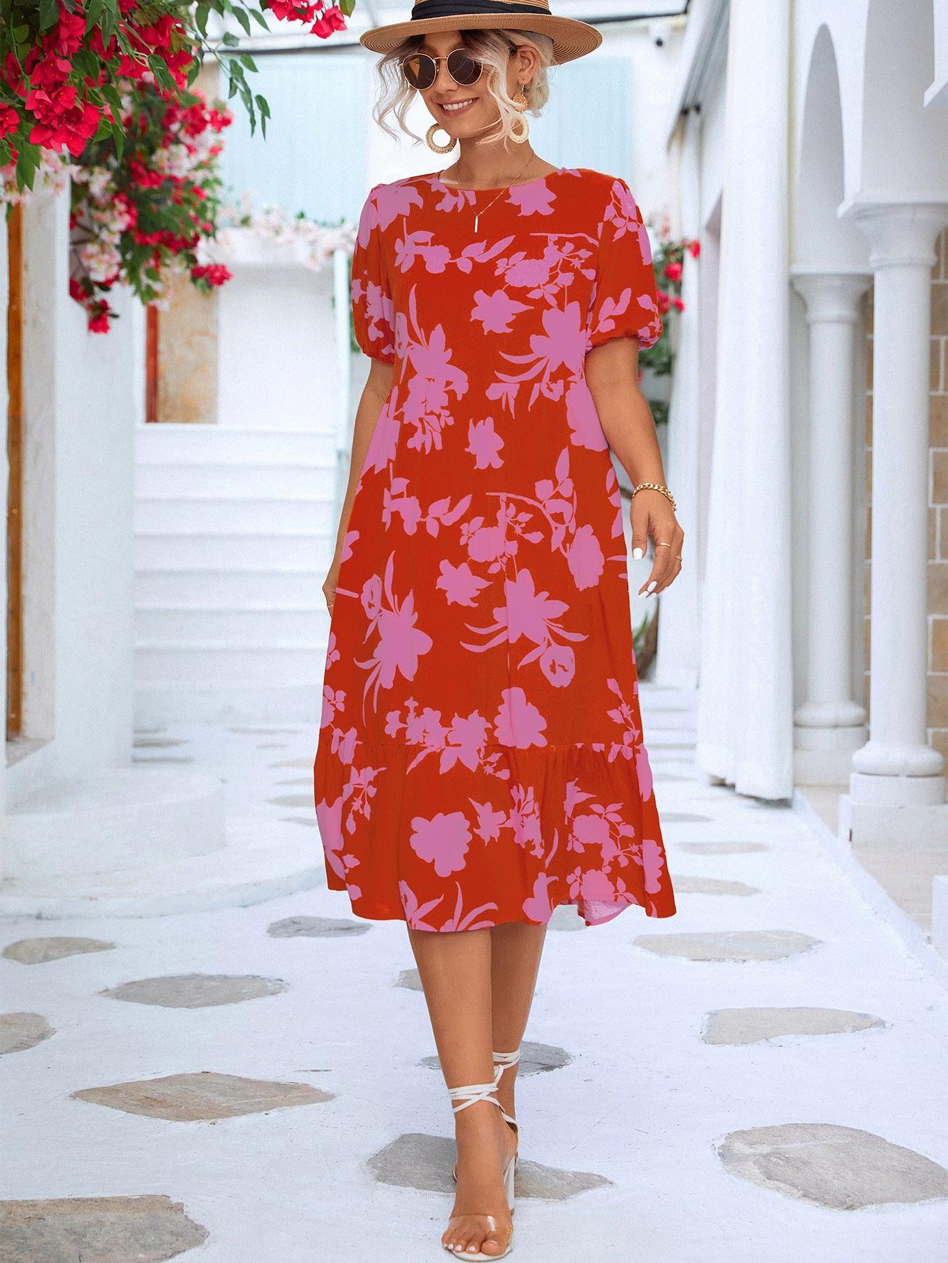 Floral Puff Sleeve Midi Dress - Olive Ave