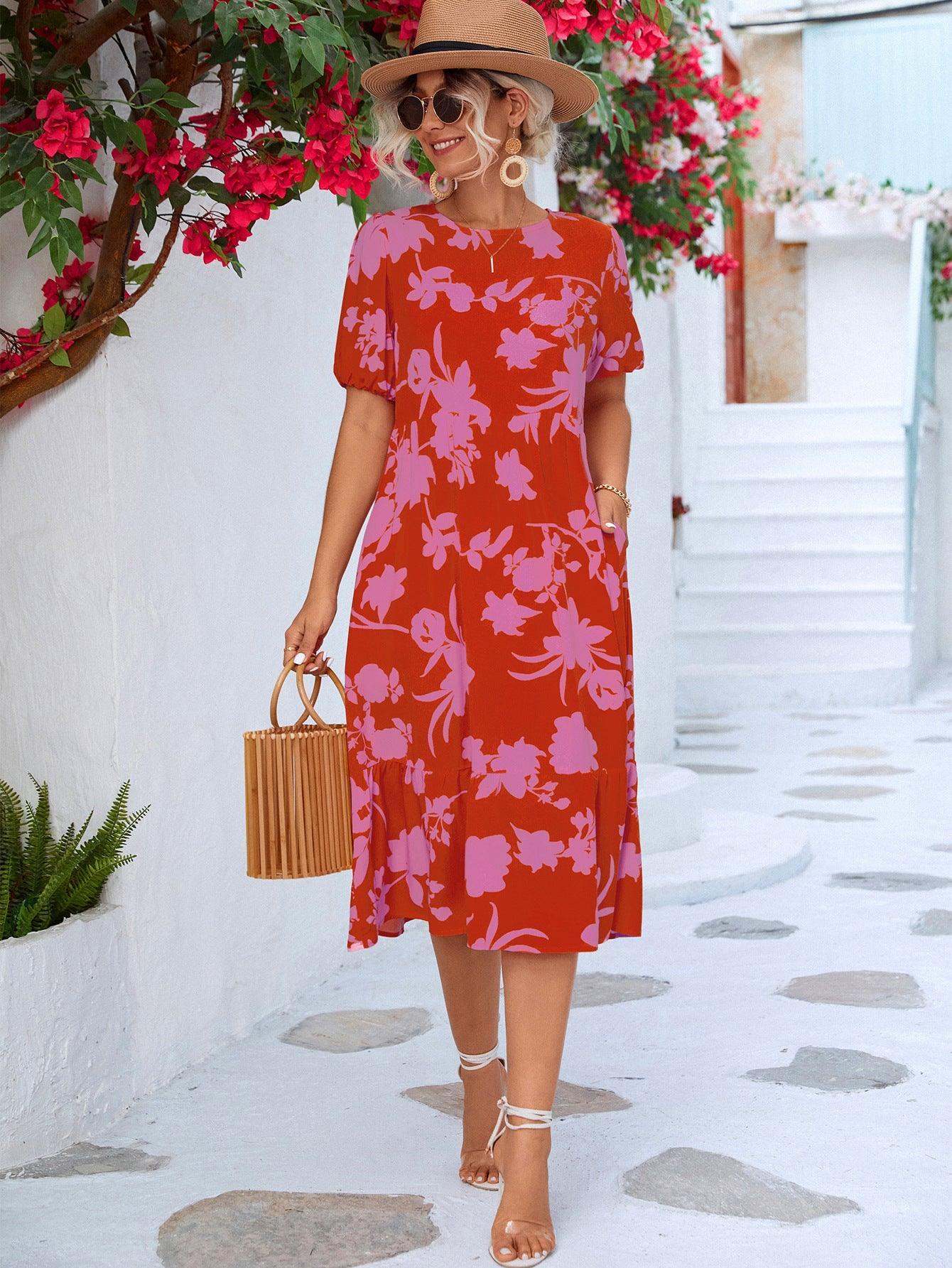 Floral Puff Sleeve Midi Dress - Olive Ave