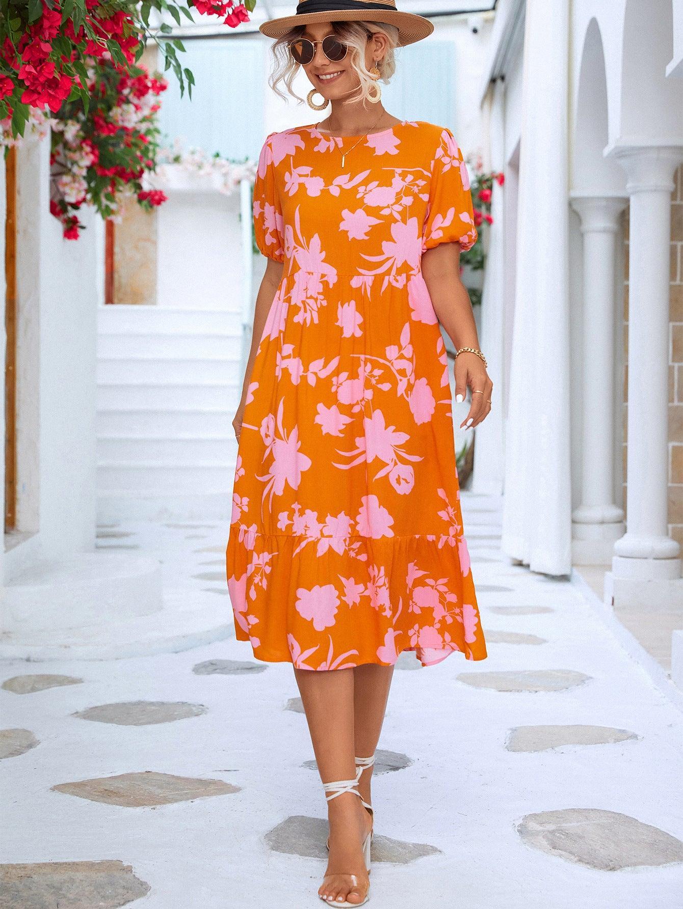 Floral Puff Sleeve Midi Dress - Olive Ave