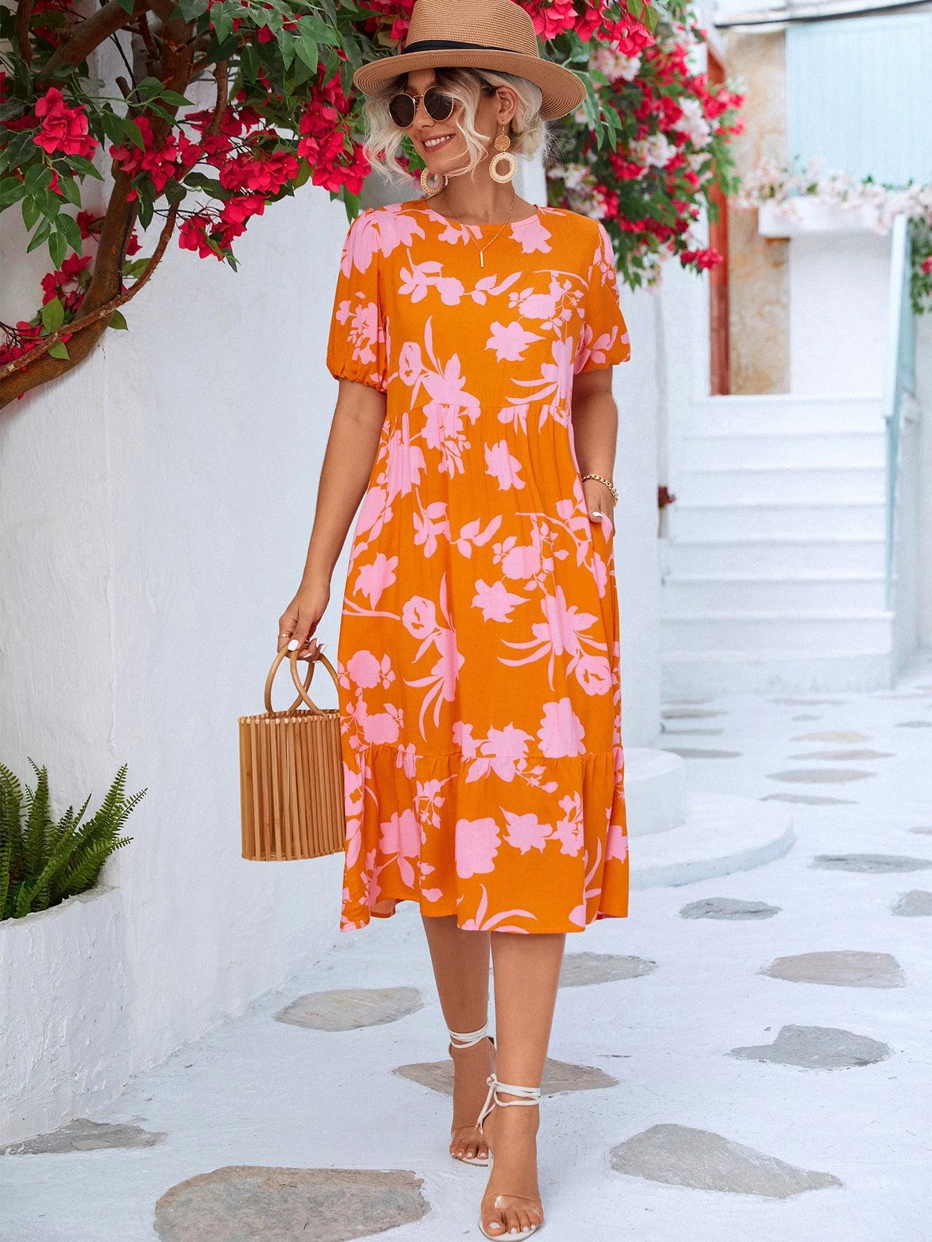 Floral Puff Sleeve Midi Dress - Olive Ave