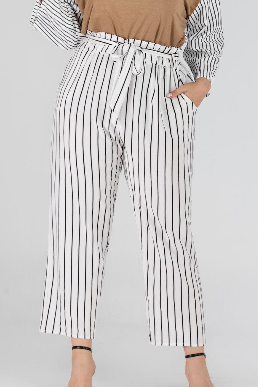 Full Size Striped Paperbag Waist Cropped Pants - Olive Ave