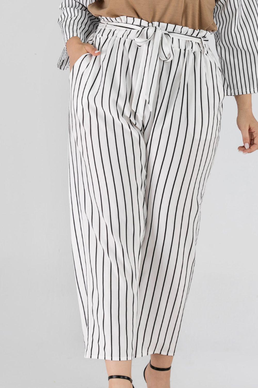 Full Size Striped Paperbag Waist Cropped Pants - Olive Ave