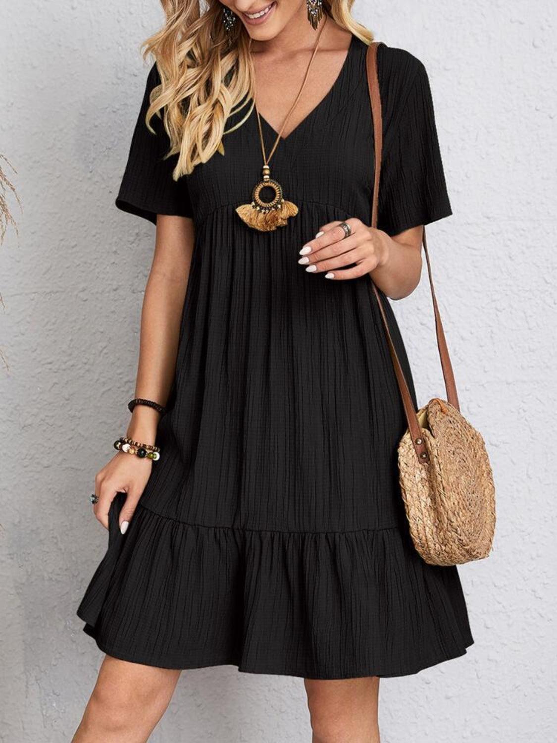 Full Size V-Neck Short Sleeve Dress - Olive Ave