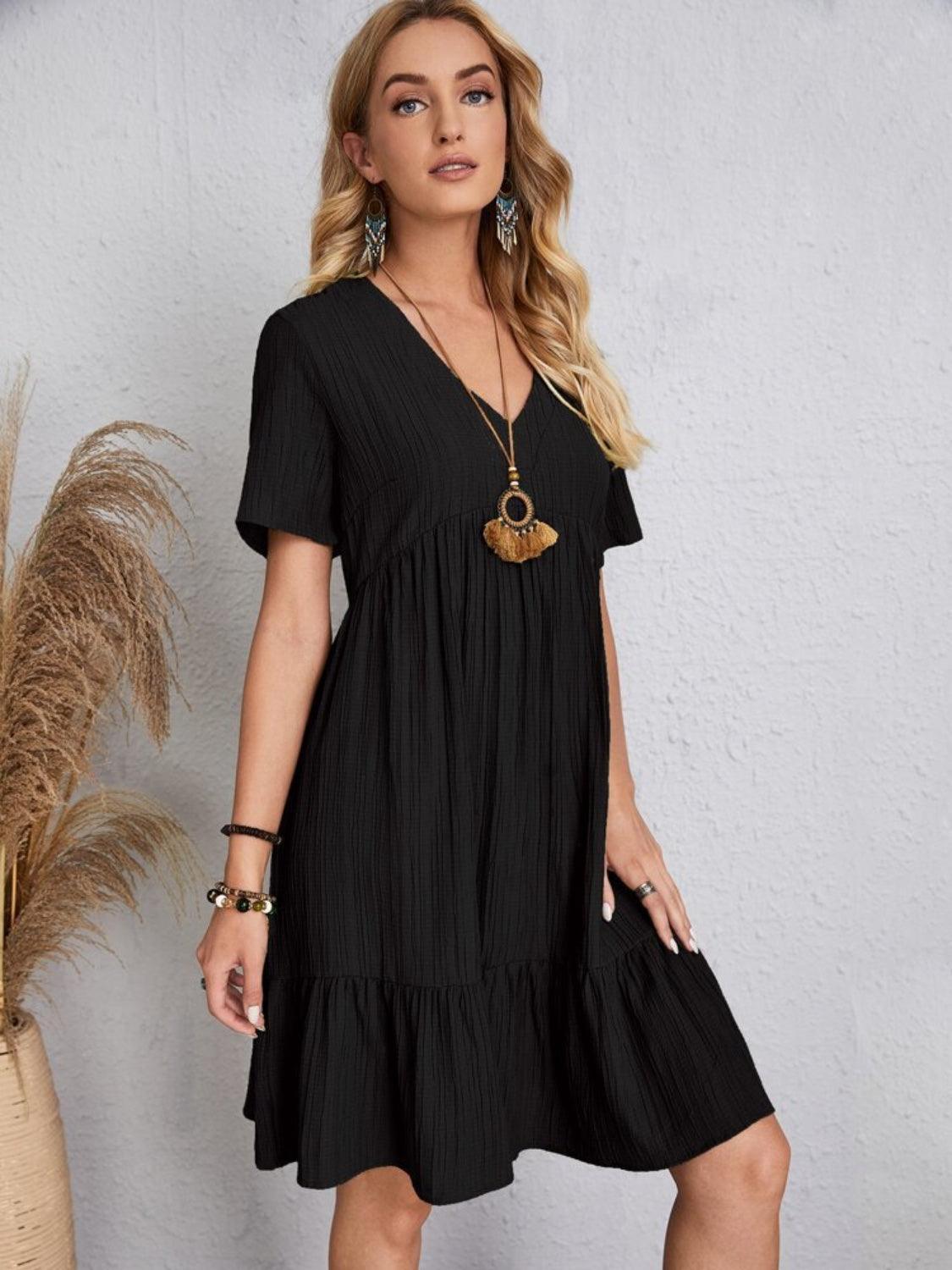 Full Size V-Neck Short Sleeve Dress - Olive Ave