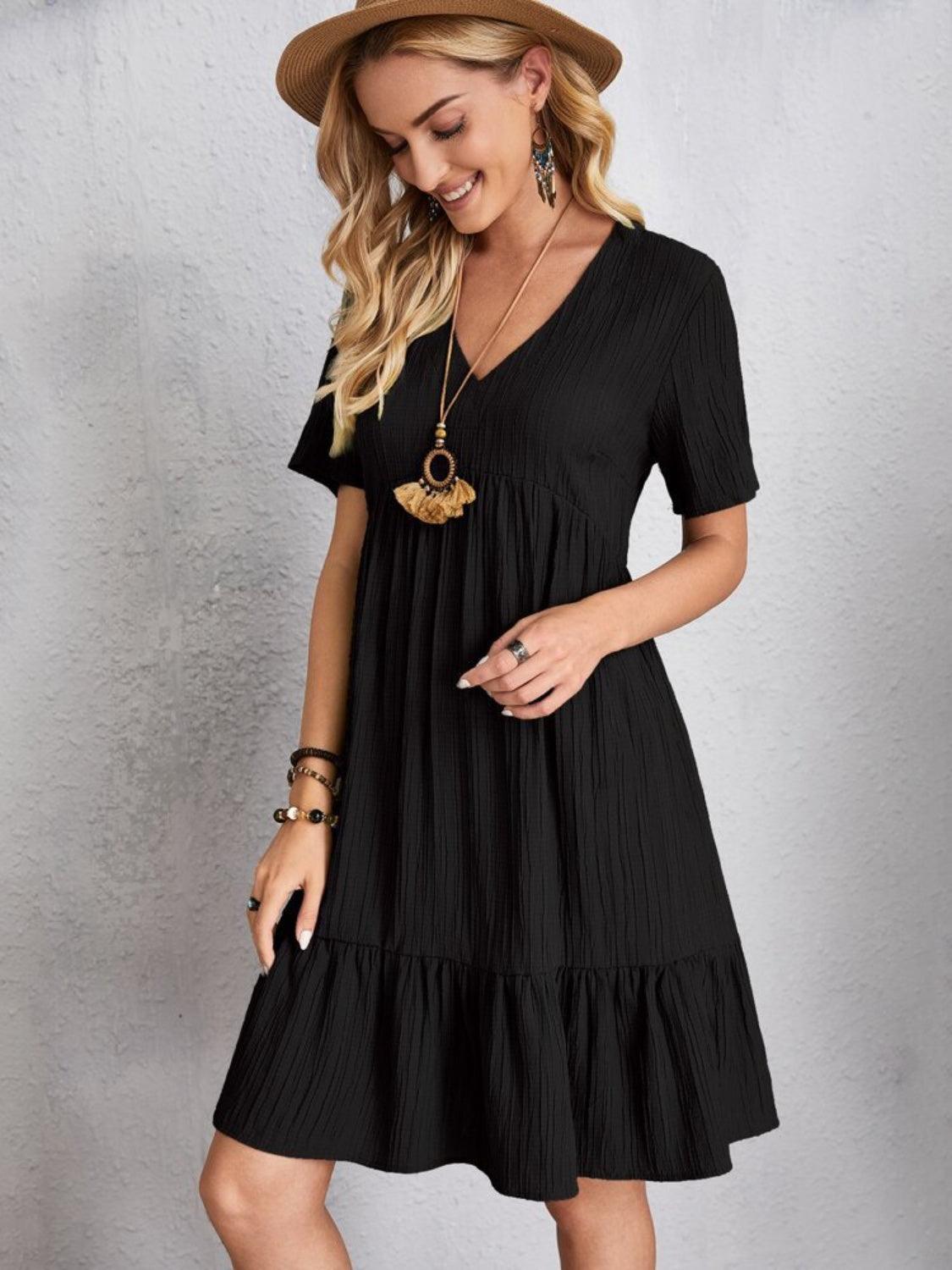 Full Size V-Neck Short Sleeve Dress - Olive Ave