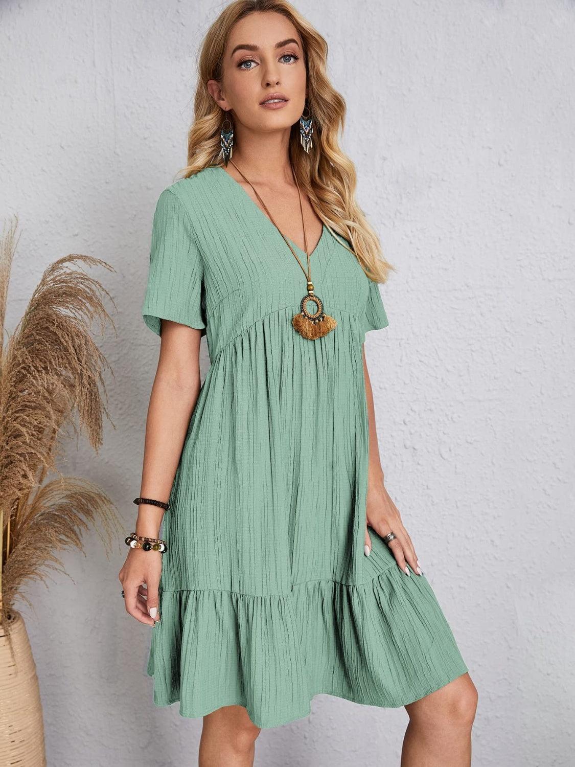 Full Size V-Neck Short Sleeve Dress - Olive Ave