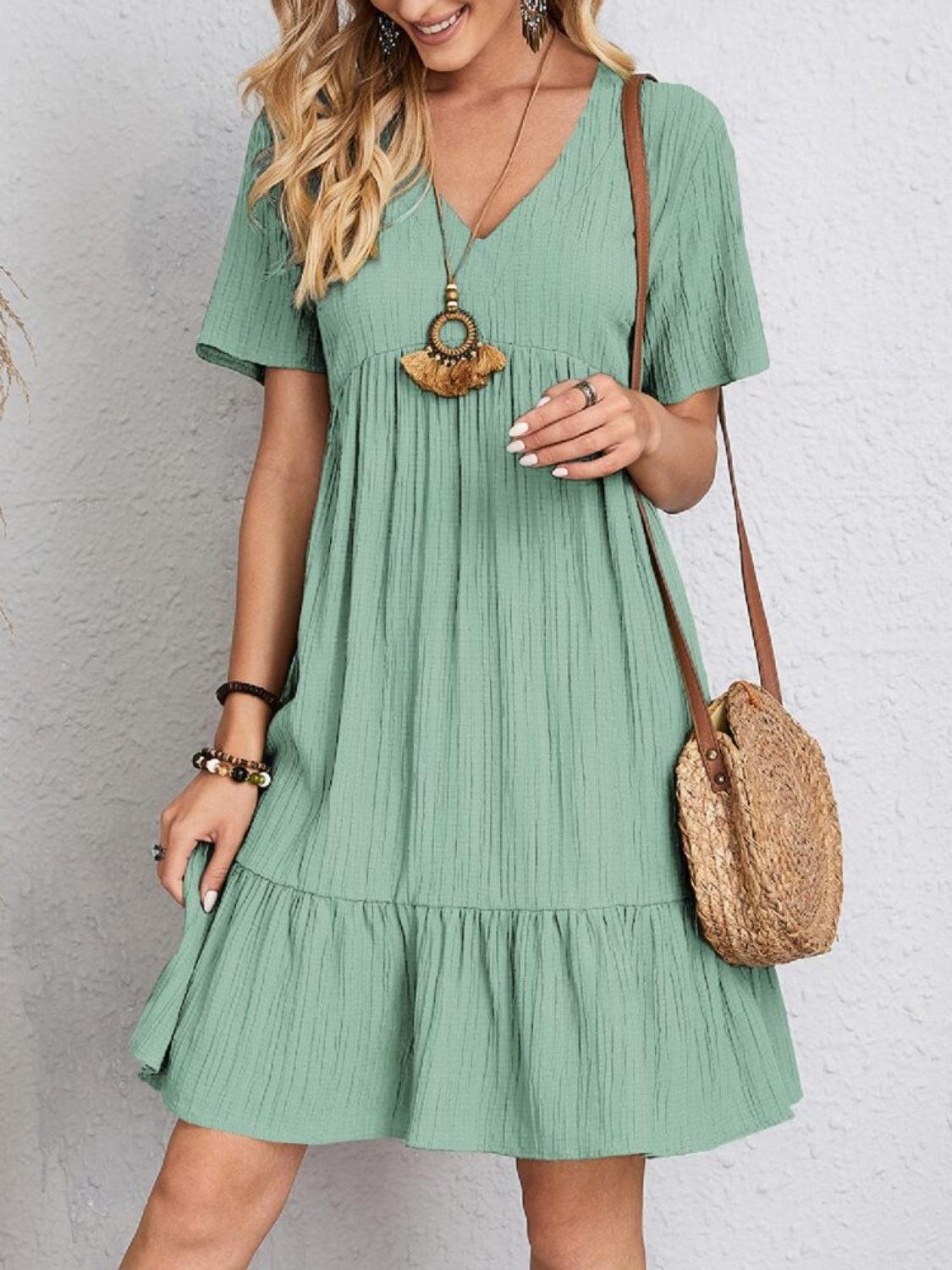 Full Size V-Neck Short Sleeve Dress - Olive Ave