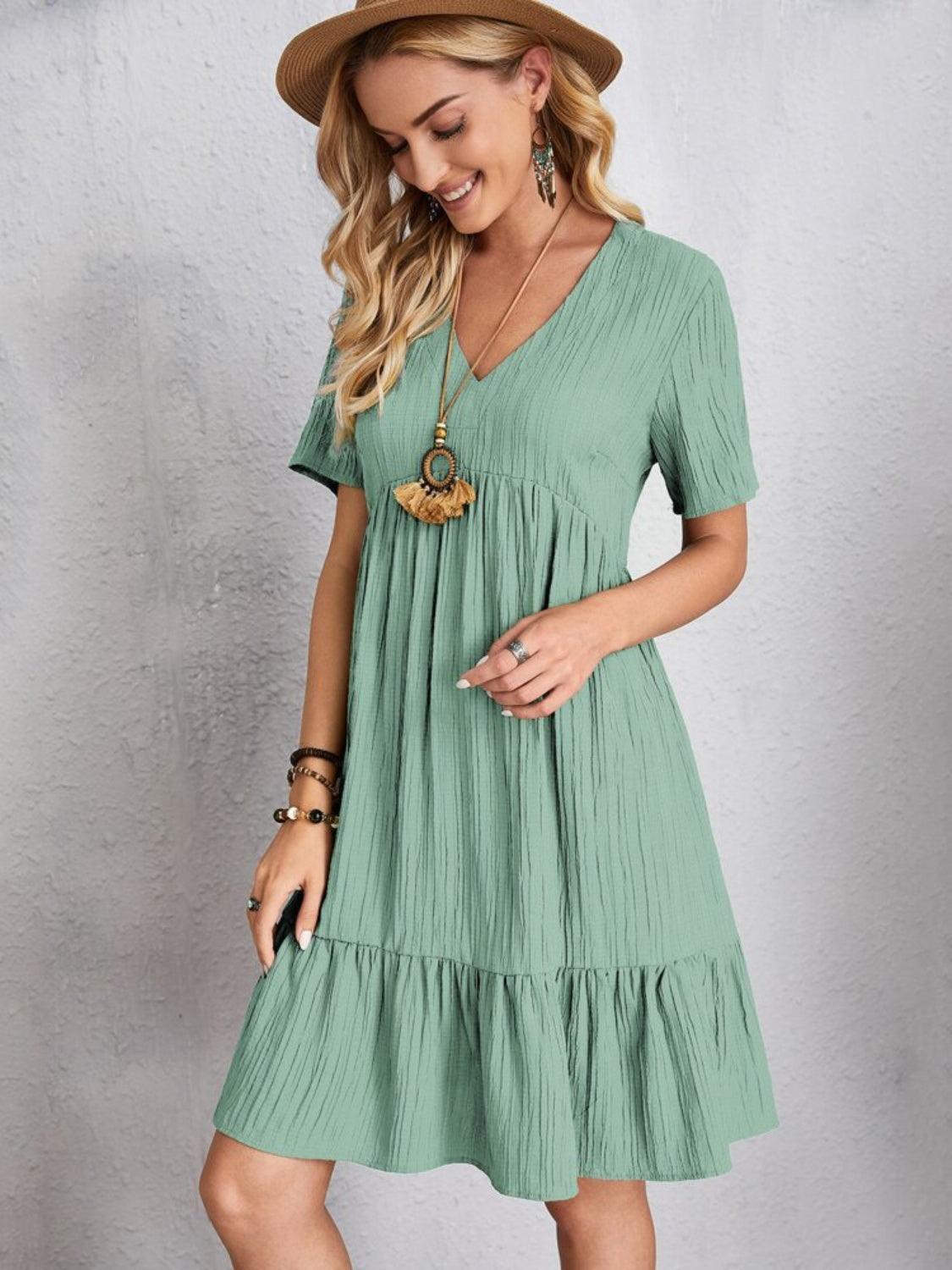 Full Size V-Neck Short Sleeve Dress - Olive Ave