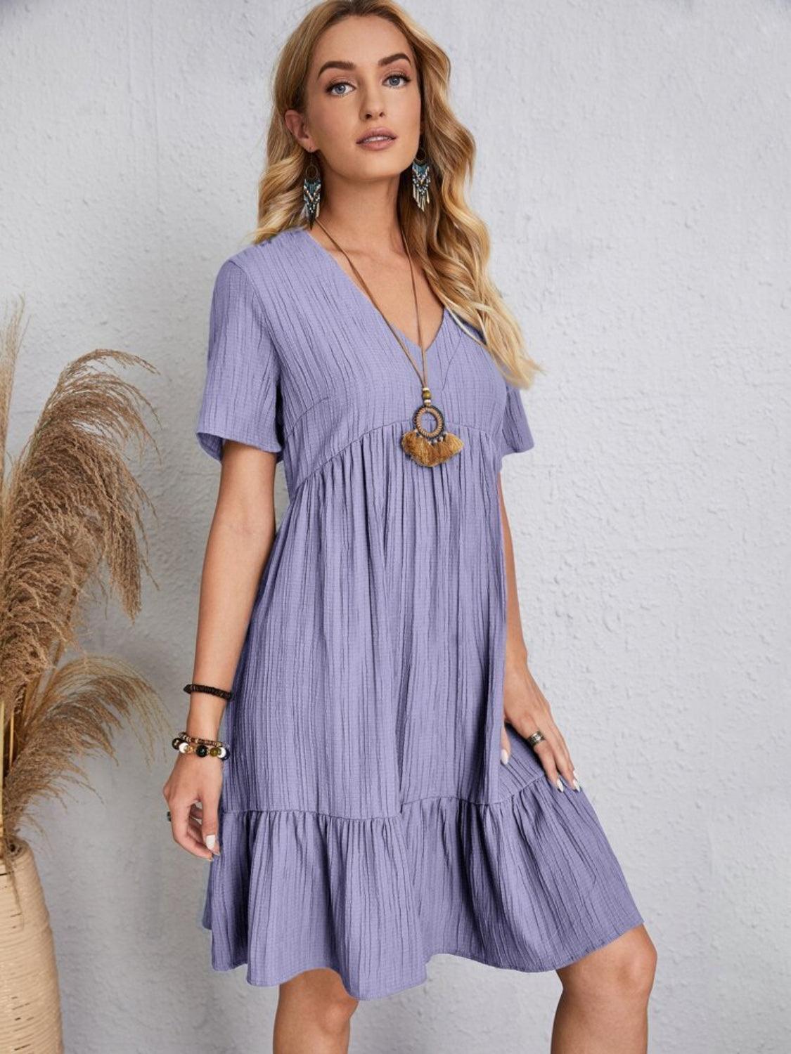 Full Size V-Neck Short Sleeve Dress - Olive Ave