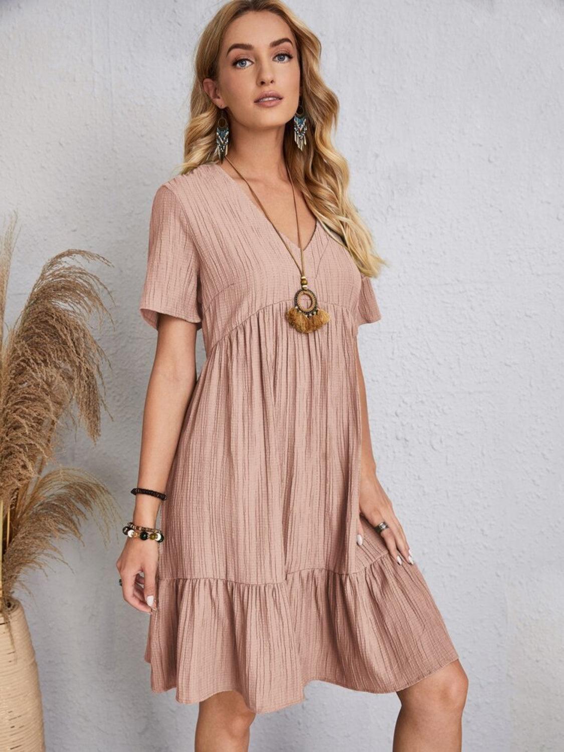 Full Size V-Neck Short Sleeve Dress - Olive Ave