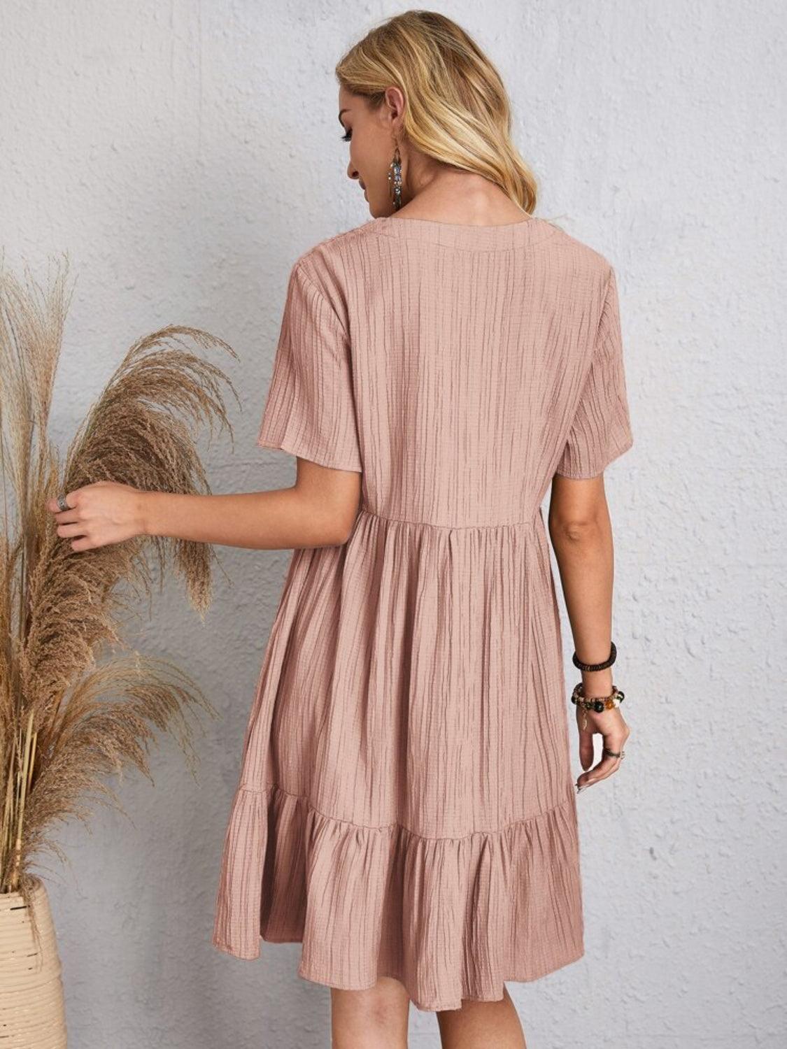 Full Size V-Neck Short Sleeve Dress - Olive Ave