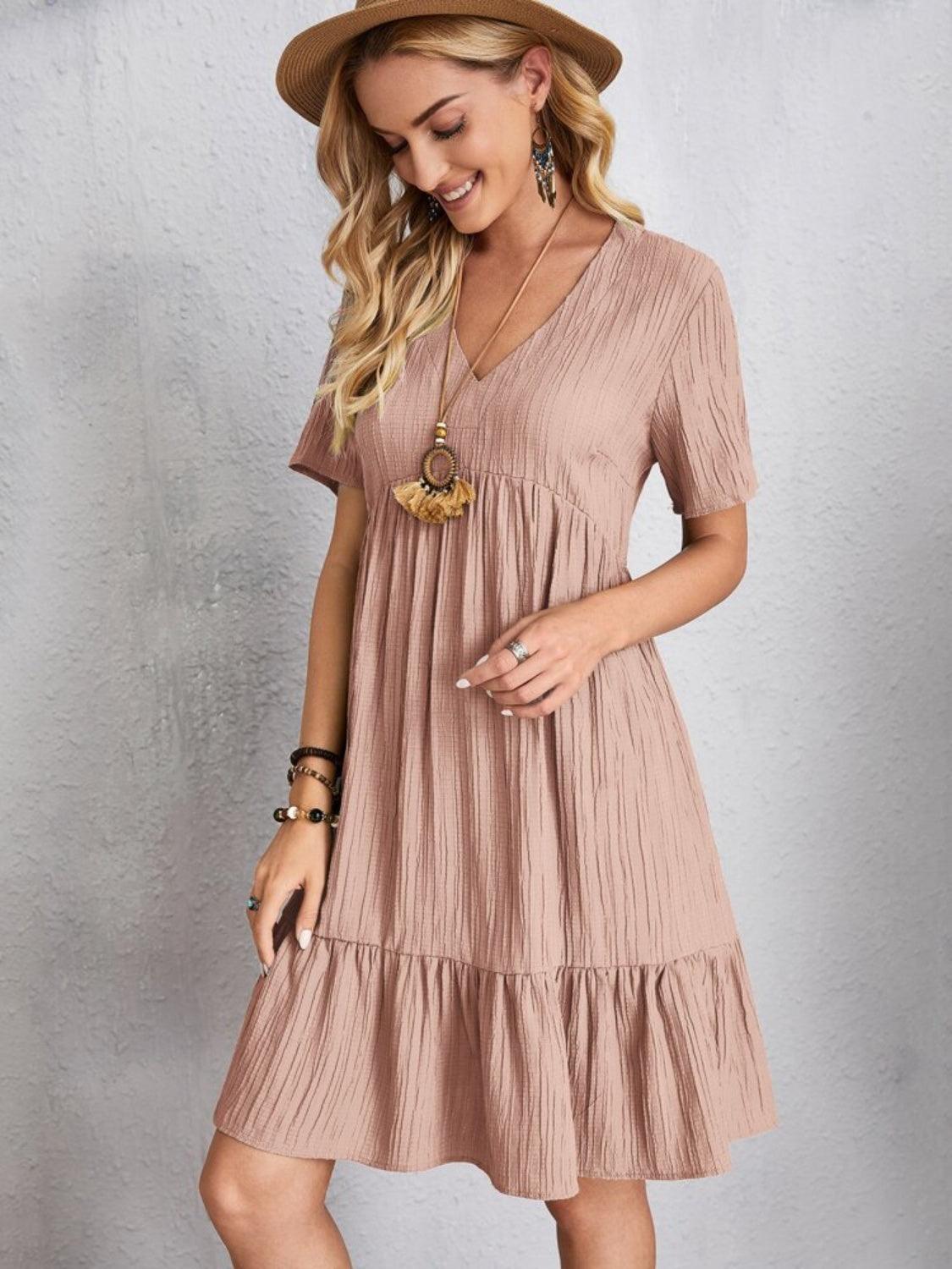 Full Size V-Neck Short Sleeve Dress - Olive Ave