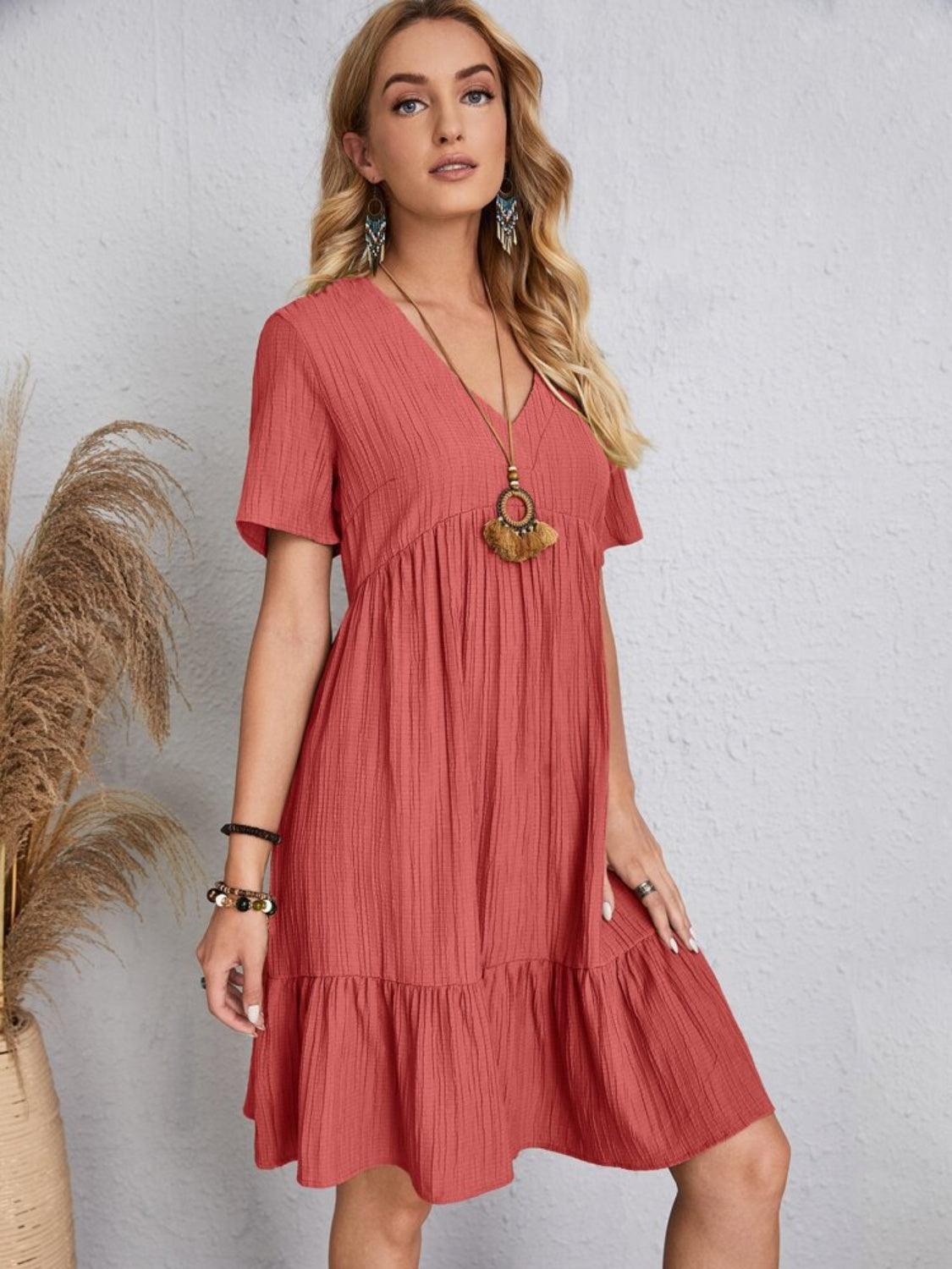 Full Size V-Neck Short Sleeve Dress - Olive Ave