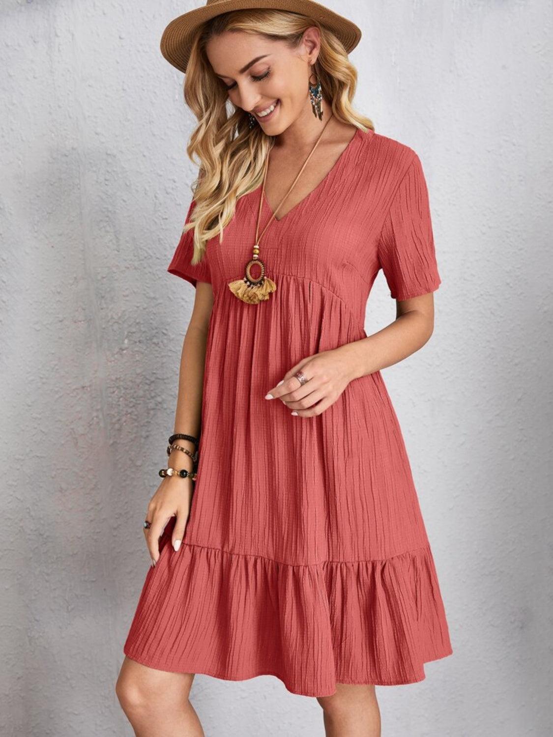 Full Size V-Neck Short Sleeve Dress - Olive Ave