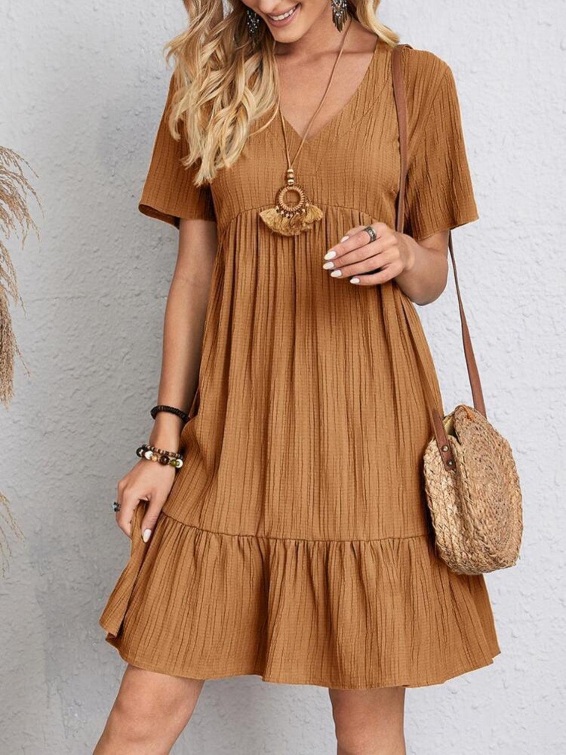 Full Size V-Neck Short Sleeve Dress - Olive Ave